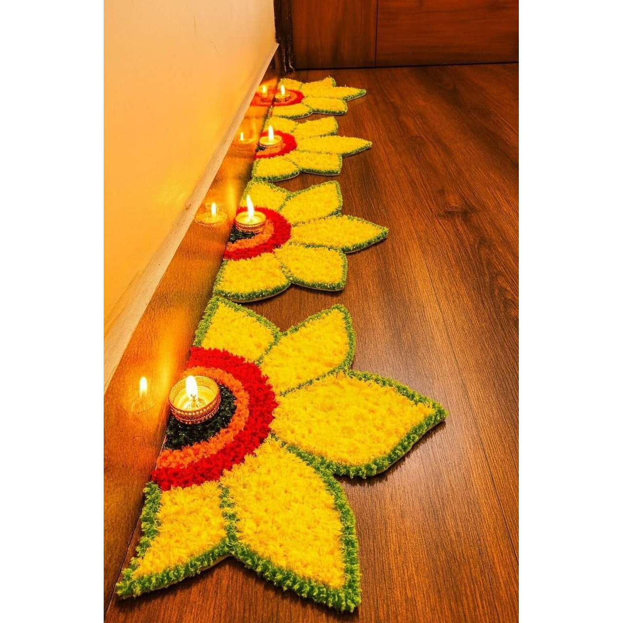Decorative Floral Rangoli Mat Set For Diwali, Ganesh Chaturthi, Traditional Indian Festivals, 12 Inches (Yellow, Set Of 6)