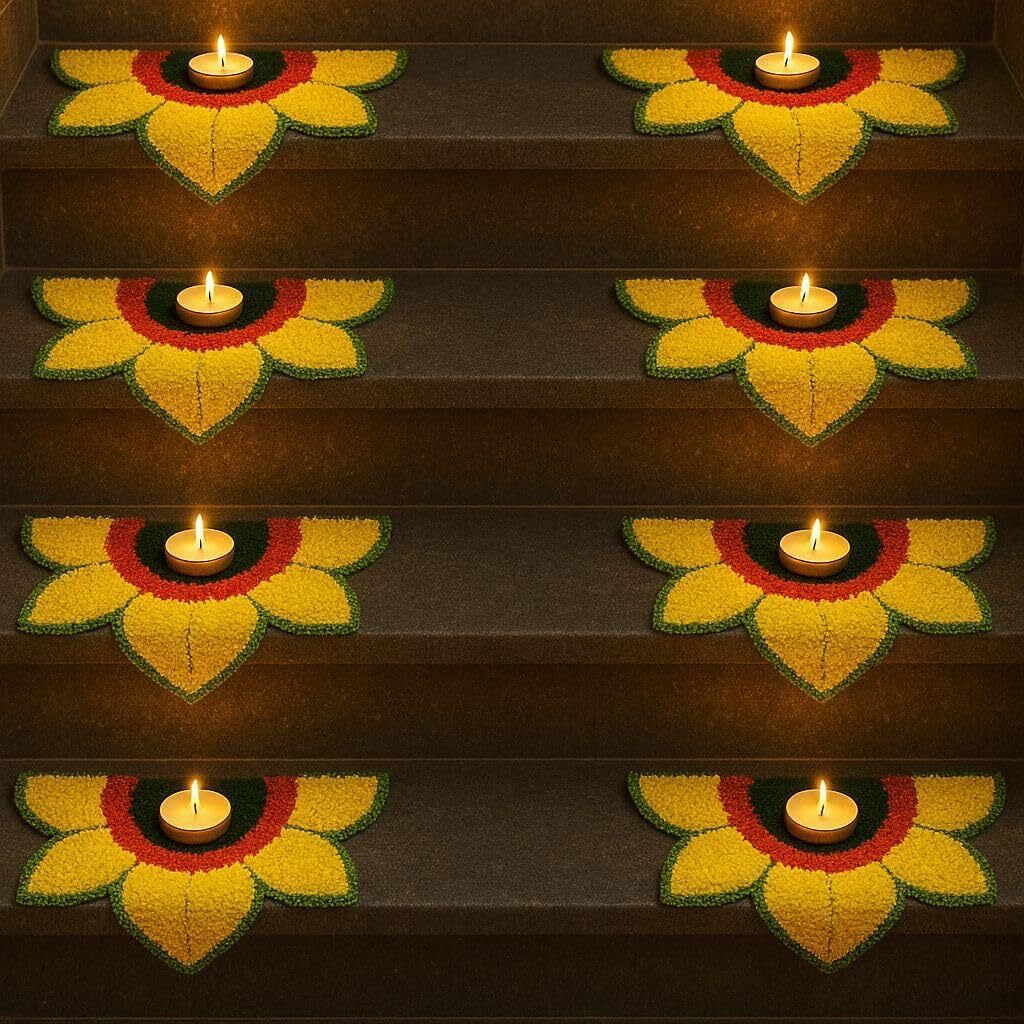 Decorative Floral Rangoli Mat Set For Diwali, Ganesh Chaturthi, Traditional Indian Festivals, 12 Inches (Yellow, Set Of 6)