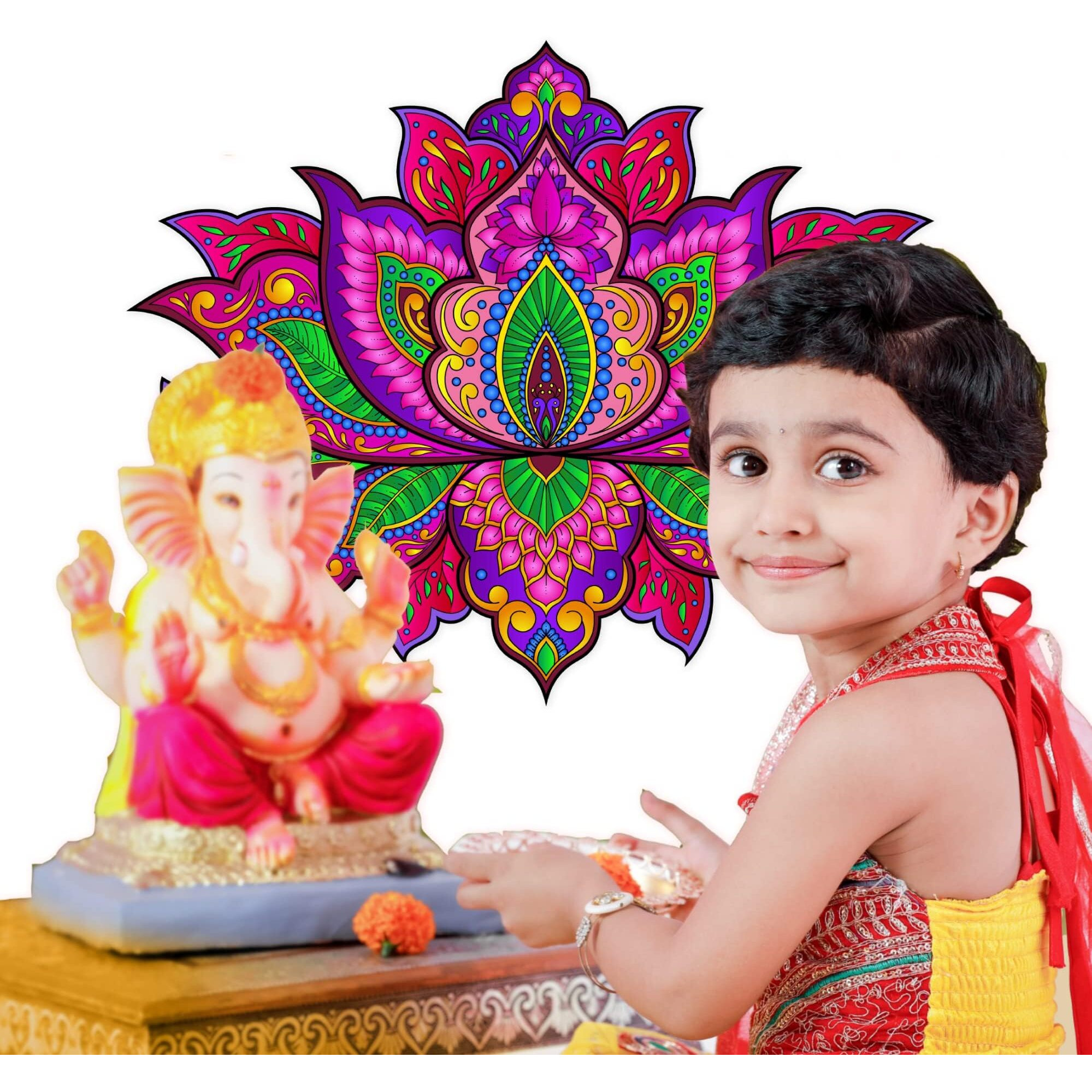 Ambiyaa 12 Inch Waterproof And Reusable Pvc Self Adhesive Handmade Rangoli Sticker And Decal For Puja Ghar, Entrance And Floor [Multicolour - Kamal]