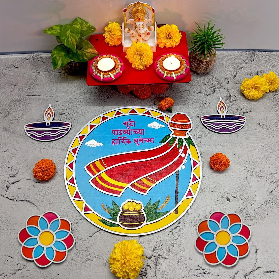 Solobolo Gudi Padwa Decoration Item With Diya Rangoli |Decorative Gudi For Door,Floor Or Wall| Gift For Housewarming New Year Wall & Mandir DeCor | Maharashtrian Hindu New Year Festival