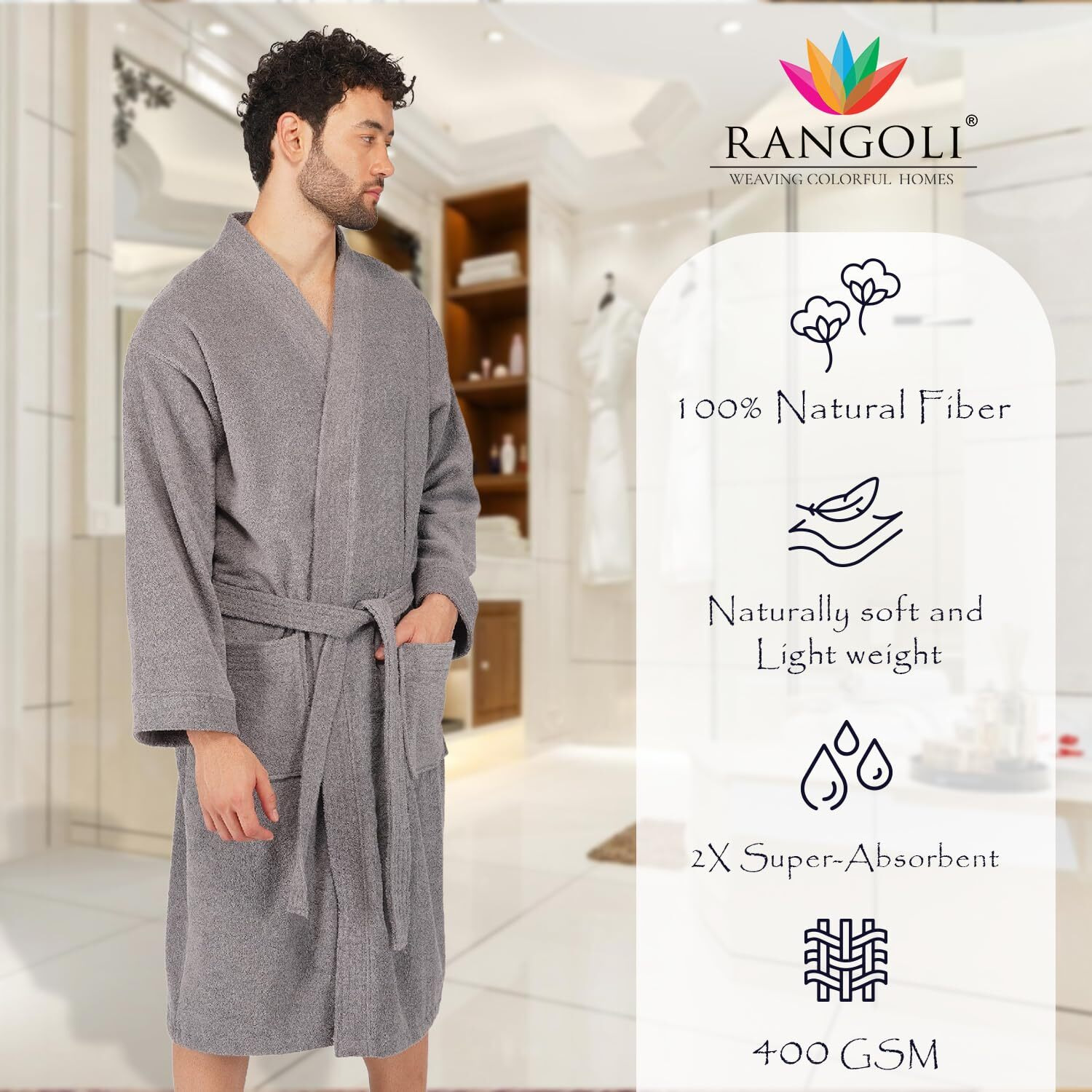 Rangoli Noble 100% Cotton Bathrobes For Men,400 Gsm|Ultra-Soft,Lightweight&Highly Absorbent Luxurious Bath Gown/Bath Robe |Grey,Xl
