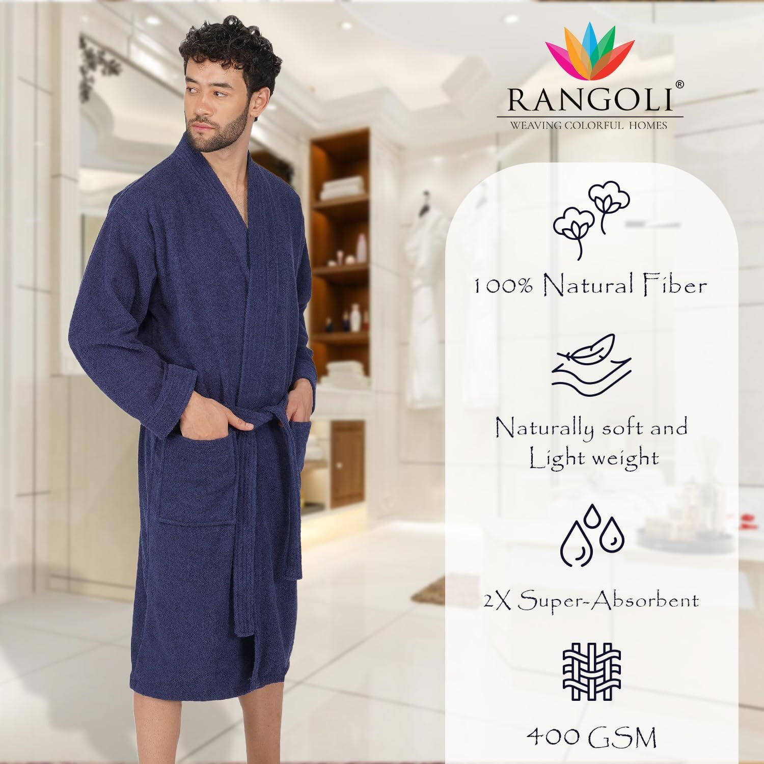 Rangoli Noble 100% Cotton Bathrobes For Men,400 Gsm|Ultra-Soft,Lightweight&Highly Absorbent Luxurious Bath Gown/Bath Robe|Navy Blue,Xl
