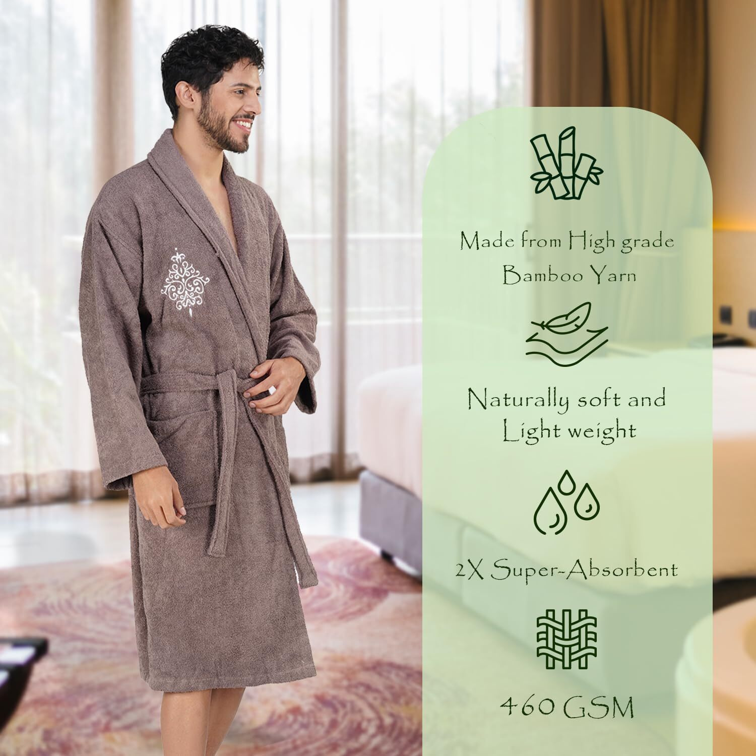 Rangoli Royal Bamboo Premium Bathrobe For Men | Ultra Soft Bamboo Yarn Lightweight Bathing Robes | 460 Gsm Highly Absorbent & Quick Drying Luxurious Bath Gown | Knee Length Bath Robe - Brown