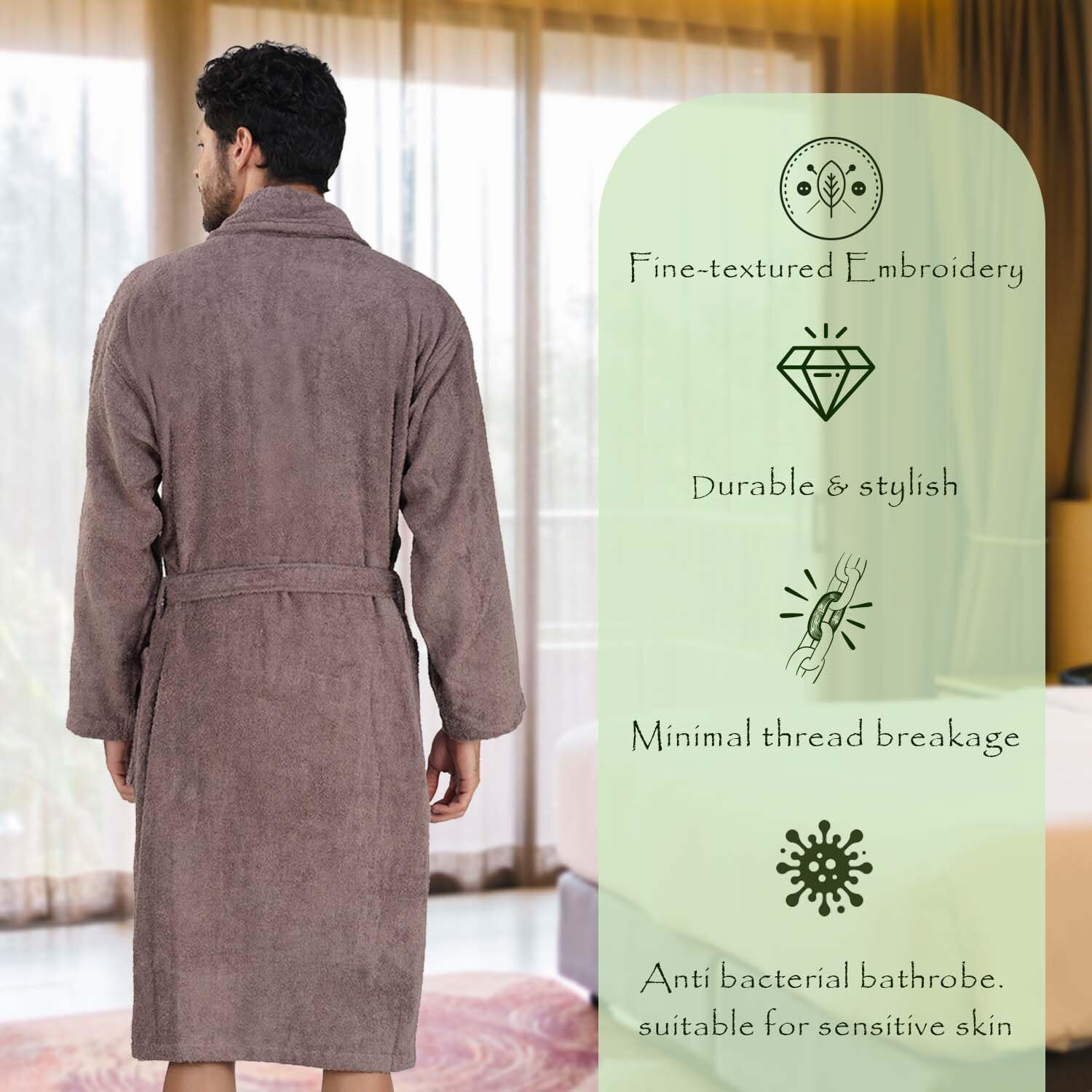 Rangoli Royal Bamboo Premium Bathrobe For Men | Ultra Soft Bamboo Yarn Lightweight Bathing Robes | 460 Gsm Highly Absorbent & Quick Drying Luxurious Bath Gown | Knee Length Bath Robe - Brown