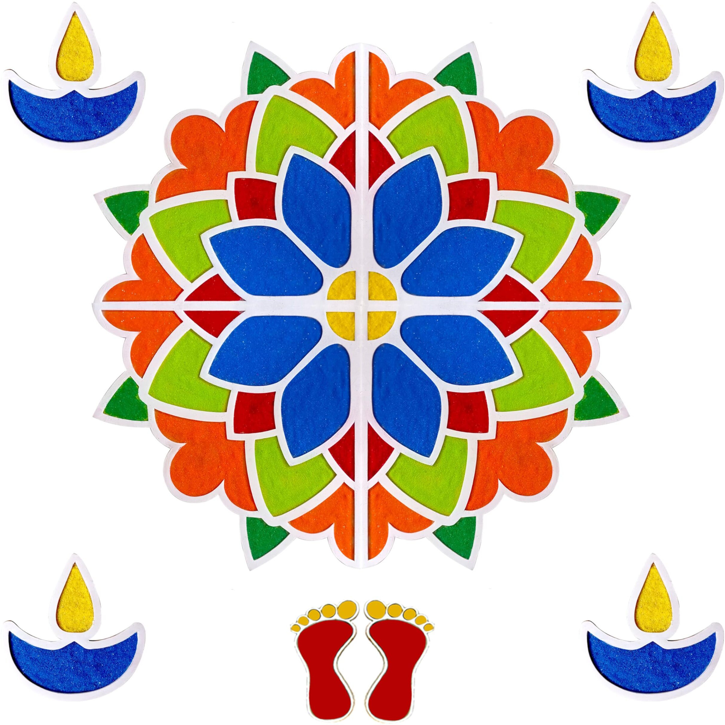 Solobolo Diy Rangoli Mats For Pooja Decoration, 4 Pieces Mdf 18 Inches Lotus Flower Rangoli Stencils For Door Entrance Big Size, 6 Rangoli Powder Colors For Home Decor