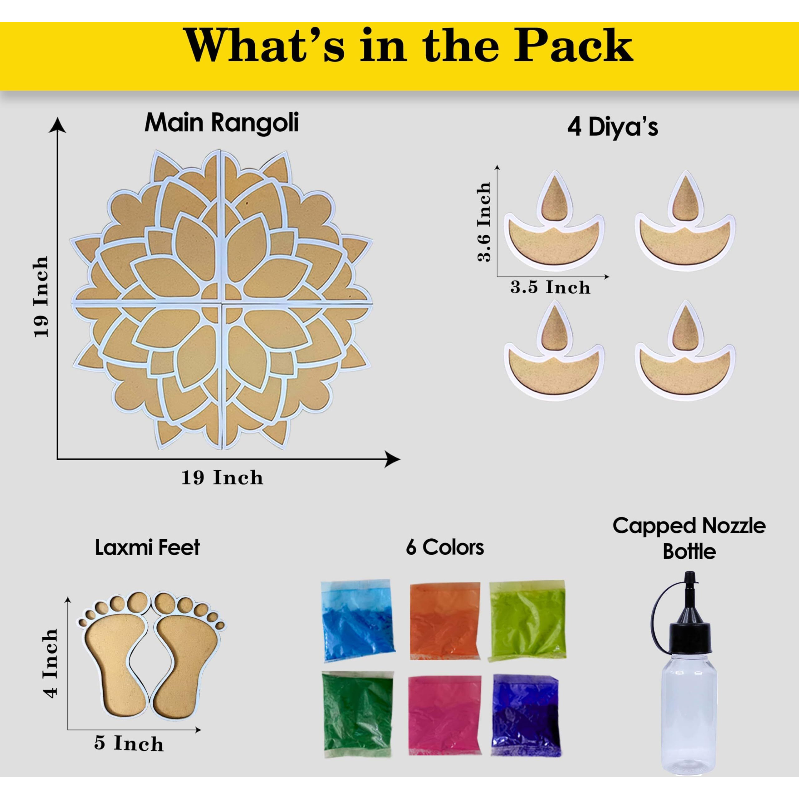 Solobolo Diy Rangoli Mats For Pooja Decoration, 4 Pieces Mdf 18 Inches Lotus Flower Rangoli Stencils For Door Entrance Big Size, 6 Rangoli Powder Colors For Home Decor