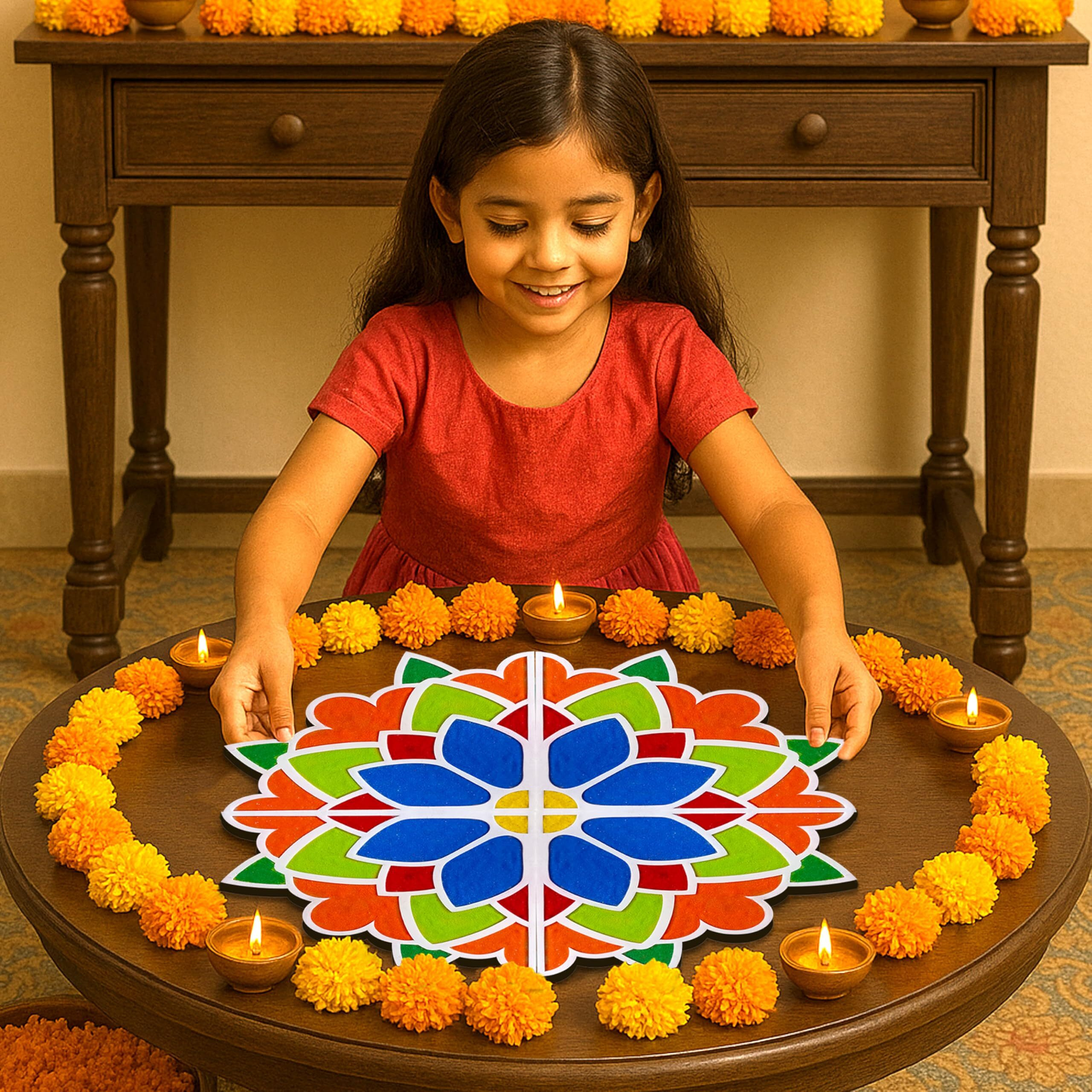 Solobolo Diy Rangoli Mats For Pooja Decoration, 4 Pieces Mdf 18 Inches Lotus Flower Rangoli Stencils For Door Entrance Big Size, 6 Rangoli Powder Colors For Home Decor