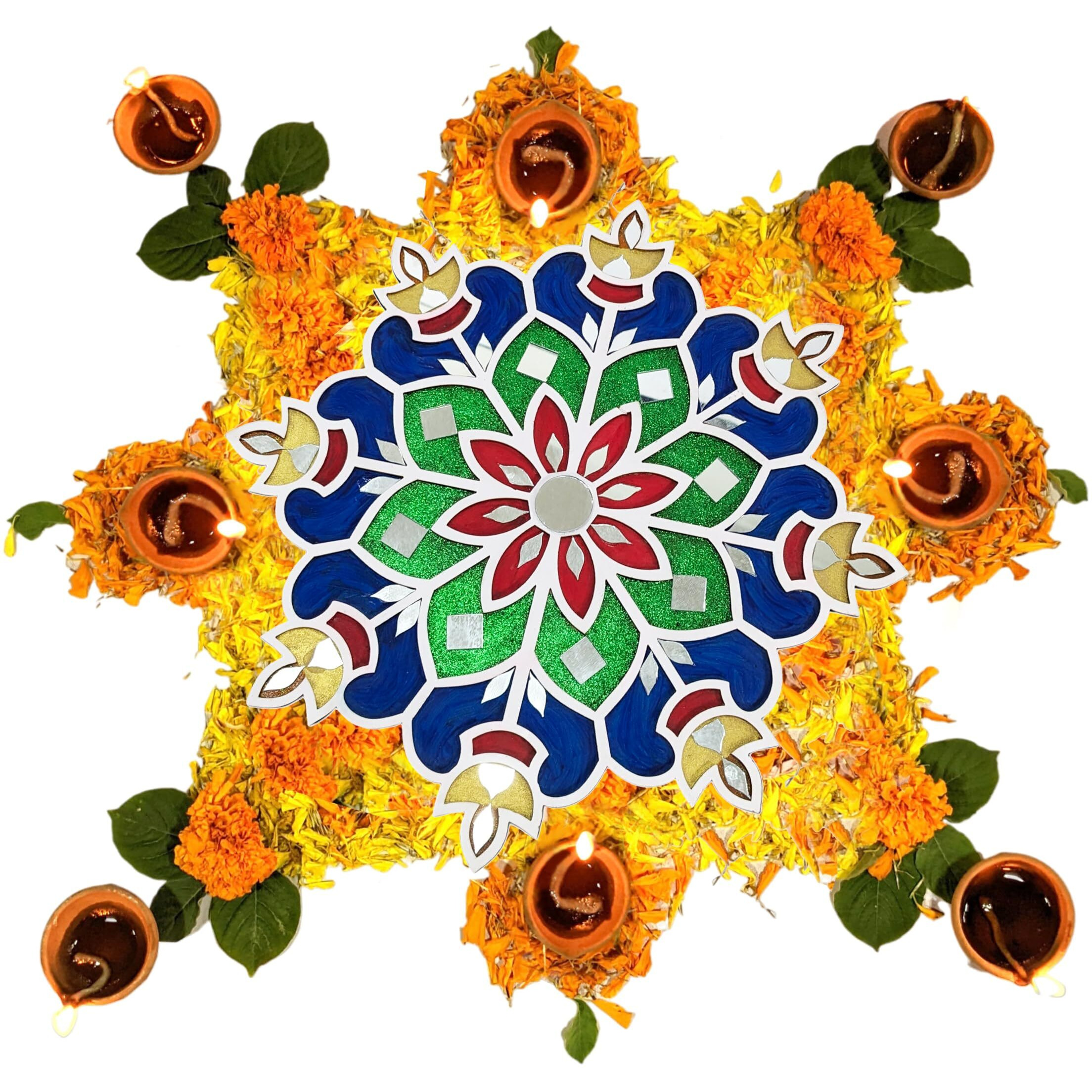 Stepstodo Multipurpose Portable Ready To Use Wooden Decorative Mat. Readymade Rangoli Coloured Craft Mat With Mirror Work.(Design A) (11.5 Inch) (11.5 Inche)