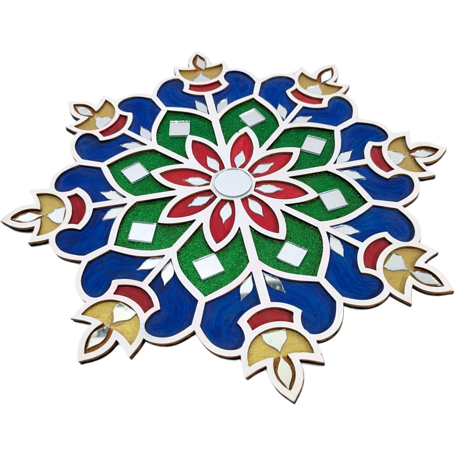 Stepstodo Multipurpose Portable Ready To Use Wooden Decorative Mat. Readymade Rangoli Coloured Craft Mat With Mirror Work.(Design A) (11.5 Inch) (11.5 Inche)