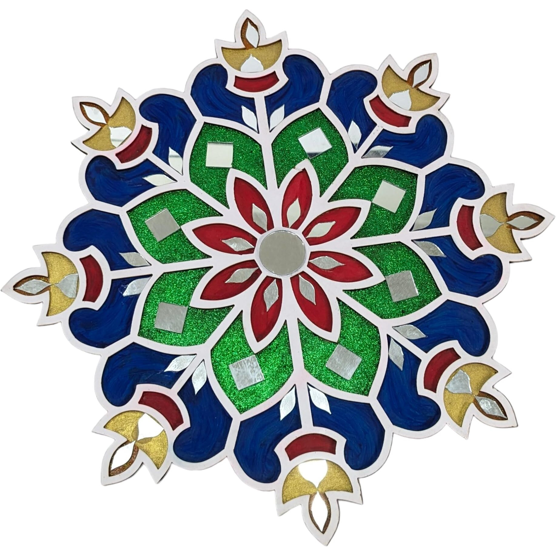 Stepstodo Multipurpose Portable Ready To Use Wooden Decorative Mat. Readymade Rangoli Coloured Craft Mat With Mirror Work.(Design A) (11.5 Inch) (11.5 Inche)