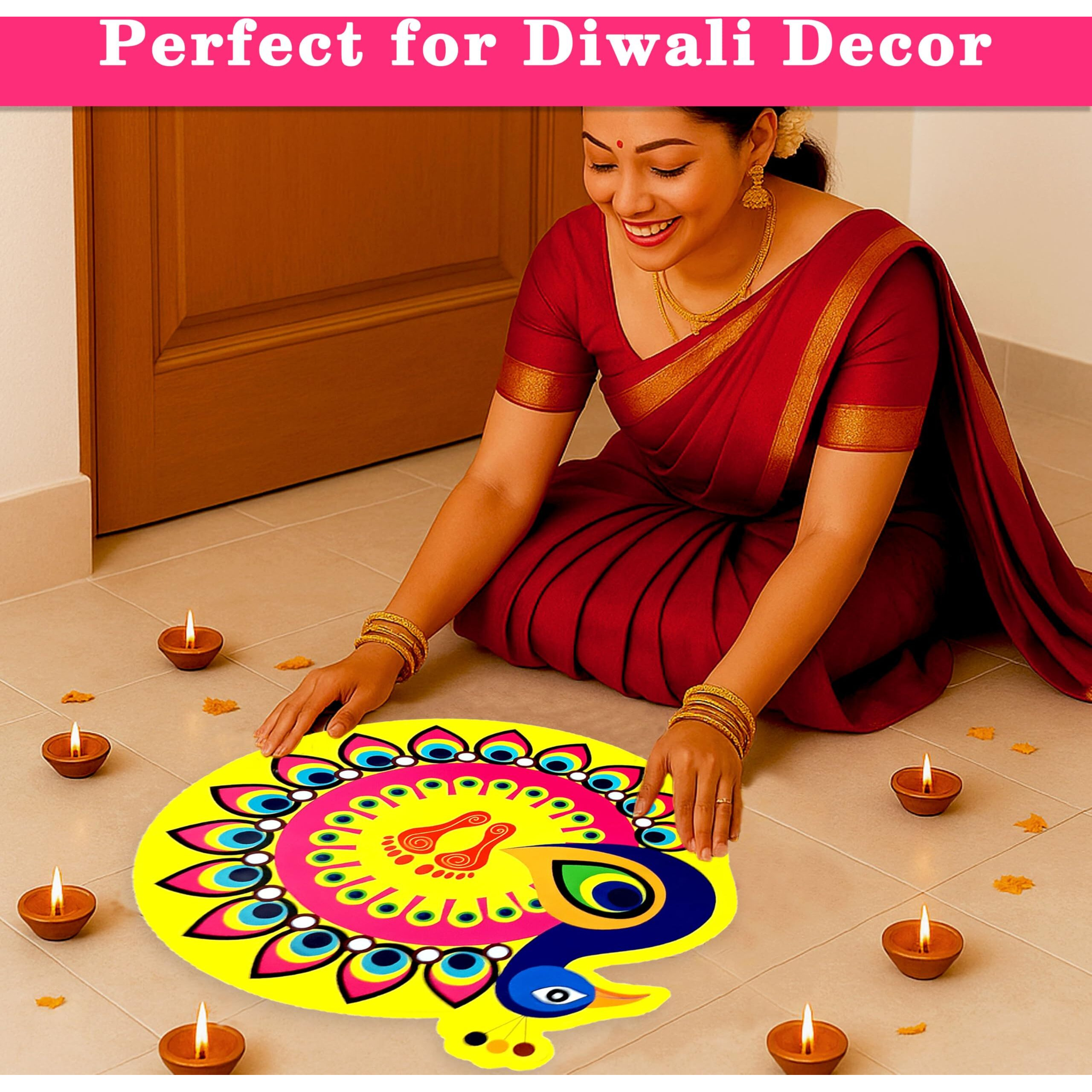 Rangoli Stickers For Door Entrance 34X34 Cm  Waterproof Self Adhesive Floor & Wall Decoration For Pooja Room, Diwali, Festivals & Home Dcor (Peacock Rangoli)