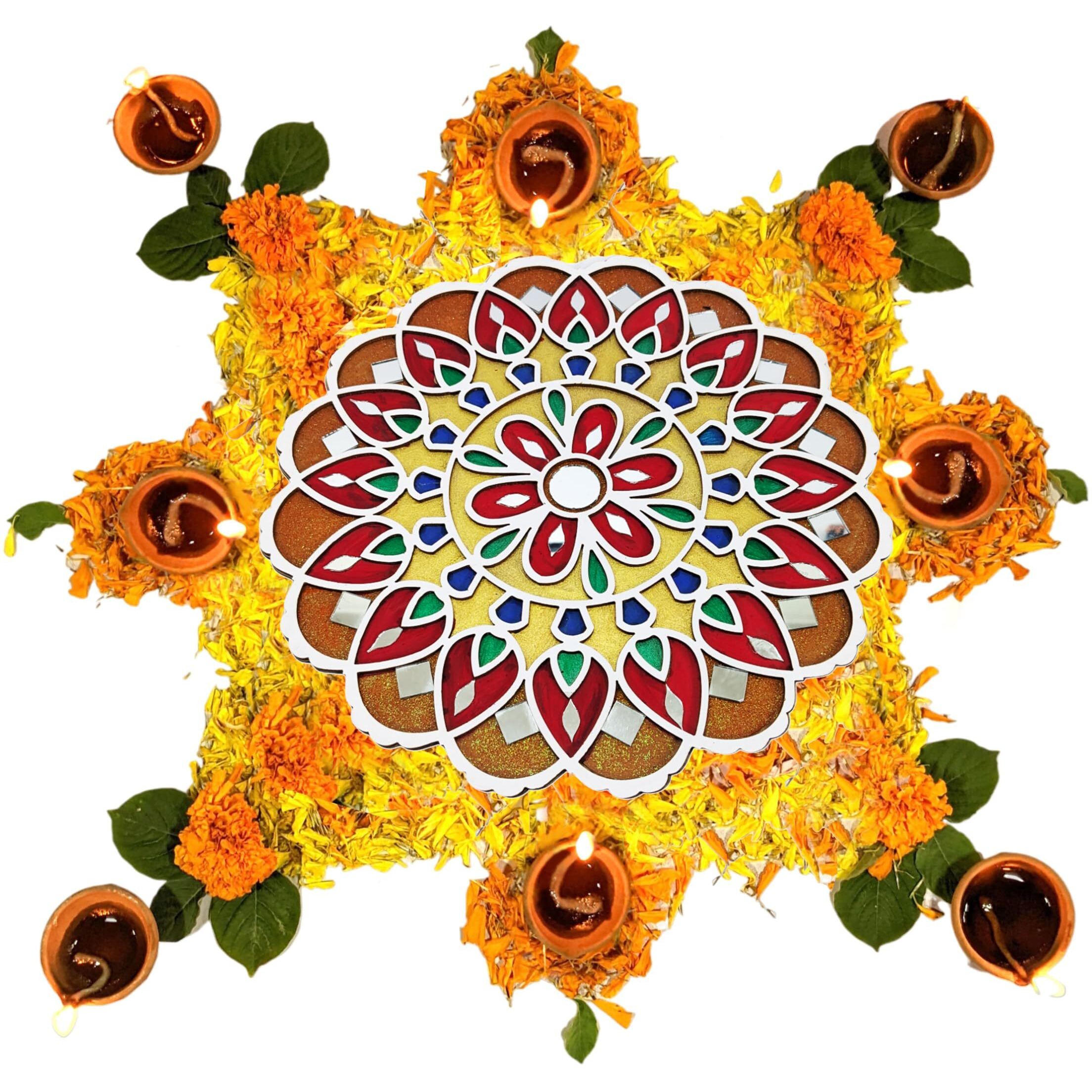 Stepstodo Multipurpose Portable Ready To Use Wooden Decorative Mat. Readymade Rangoli Coloured Craft Mat With Mirror Work. (T438_B)