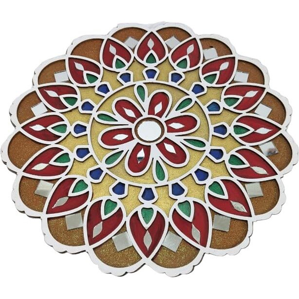 Stepstodo Multipurpose Portable Ready To Use Wooden Decorative Mat. Readymade Rangoli Coloured Craft Mat With Mirror Work. (T438_B)