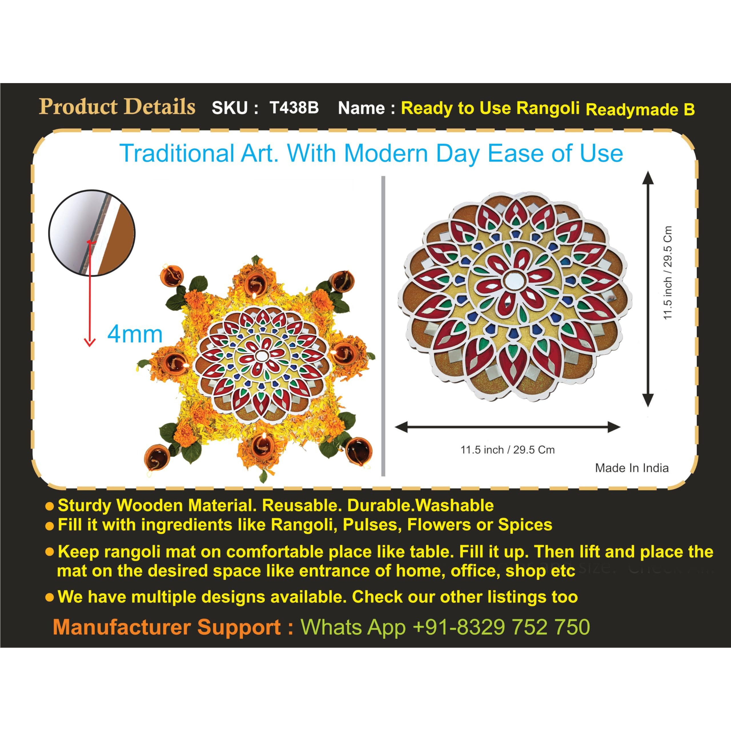 Stepstodo Multipurpose Portable Ready To Use Wooden Decorative Mat. Readymade Rangoli Coloured Craft Mat With Mirror Work. (T438_B)