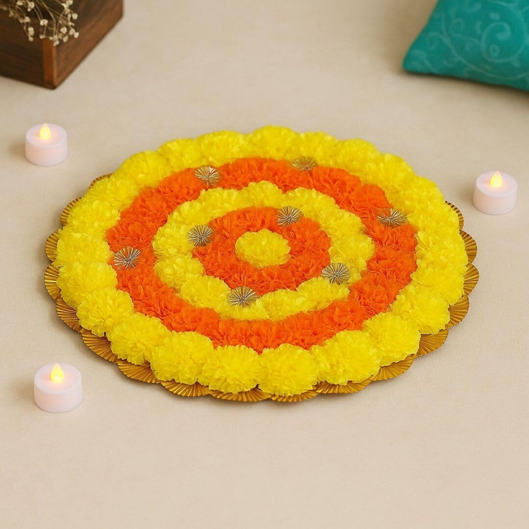 Satyam Kraft 1 Pc Round Artificial Marigold Rangoli Mat | 32 Cm Floral Mat For Navratri, Diwali, Deepawali, Pooja, Wedding, Haldi, Mehndi & Home Dcor (Yellow-Orange)