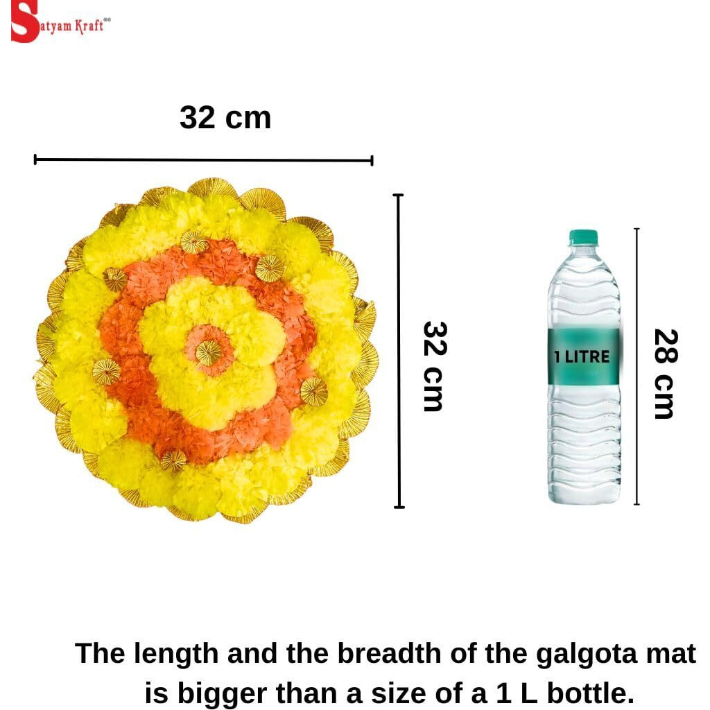 Satyam Kraft 1 Pc Round Artificial Marigold Rangoli Mat | 32 Cm Floral Mat For Navratri, Diwali, Deepawali, Pooja, Wedding, Haldi, Mehndi & Home Dcor (Yellow-Orange)