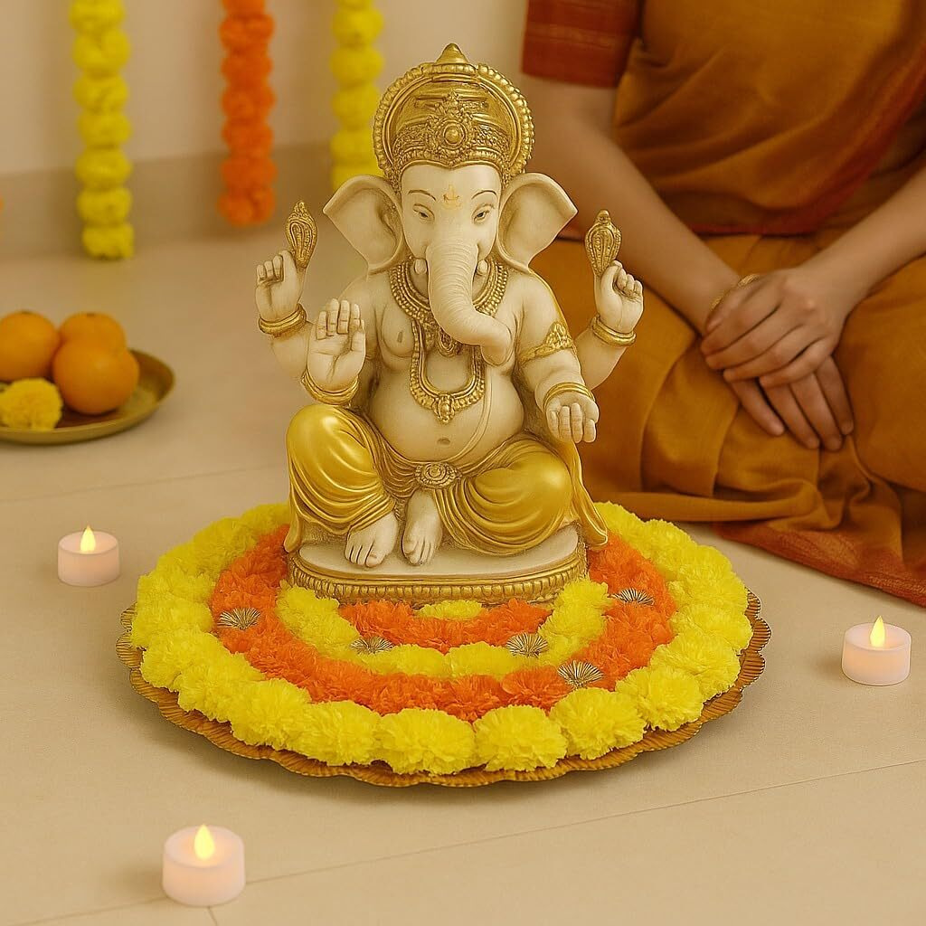 Satyam Kraft 1 Pc Round Artificial Marigold Rangoli Mat | 32 Cm Floral Mat For Navratri, Diwali, Deepawali, Pooja, Wedding, Haldi, Mehndi & Home Dcor (Yellow-Orange)