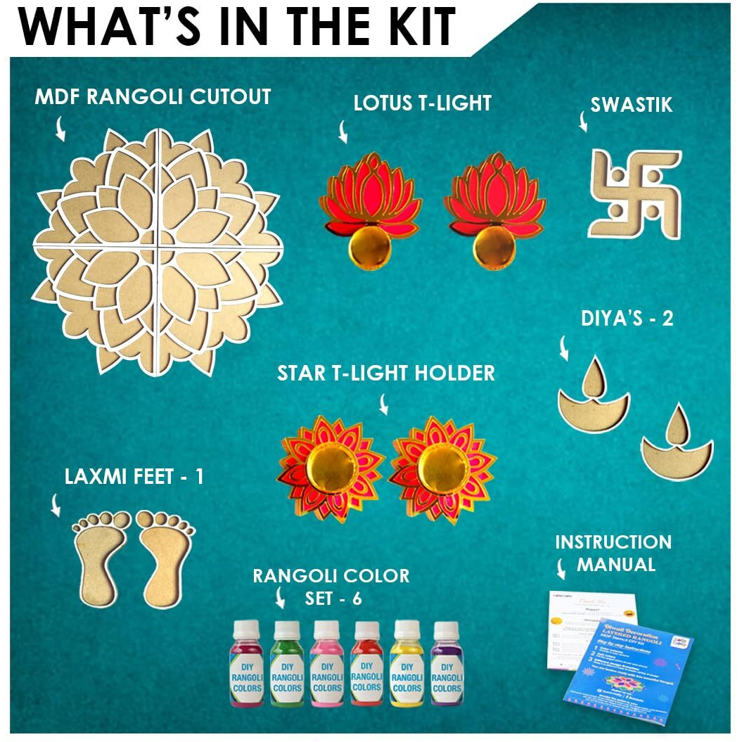 Solobolo Layered Rangoli Mat|Flower Rangoli Mat|Diwali Diya|Laxmi Feet|Swastik Rangoli|4 Tea Light| Set With 6 Rangoli Powder Colours| Lotus Decoration Items|Diwali Decoration Item |Size-18In