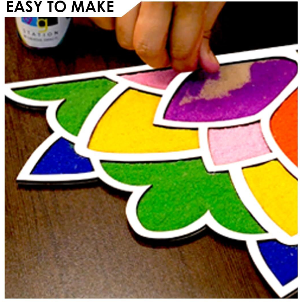 Solobolo Layered Rangoli Mat|Flower Rangoli Mat|Diwali Diya|Laxmi Feet|Swastik Rangoli|4 Tea Light| Set With 6 Rangoli Powder Colours| Lotus Decoration Items|Diwali Decoration Item |Size-18In