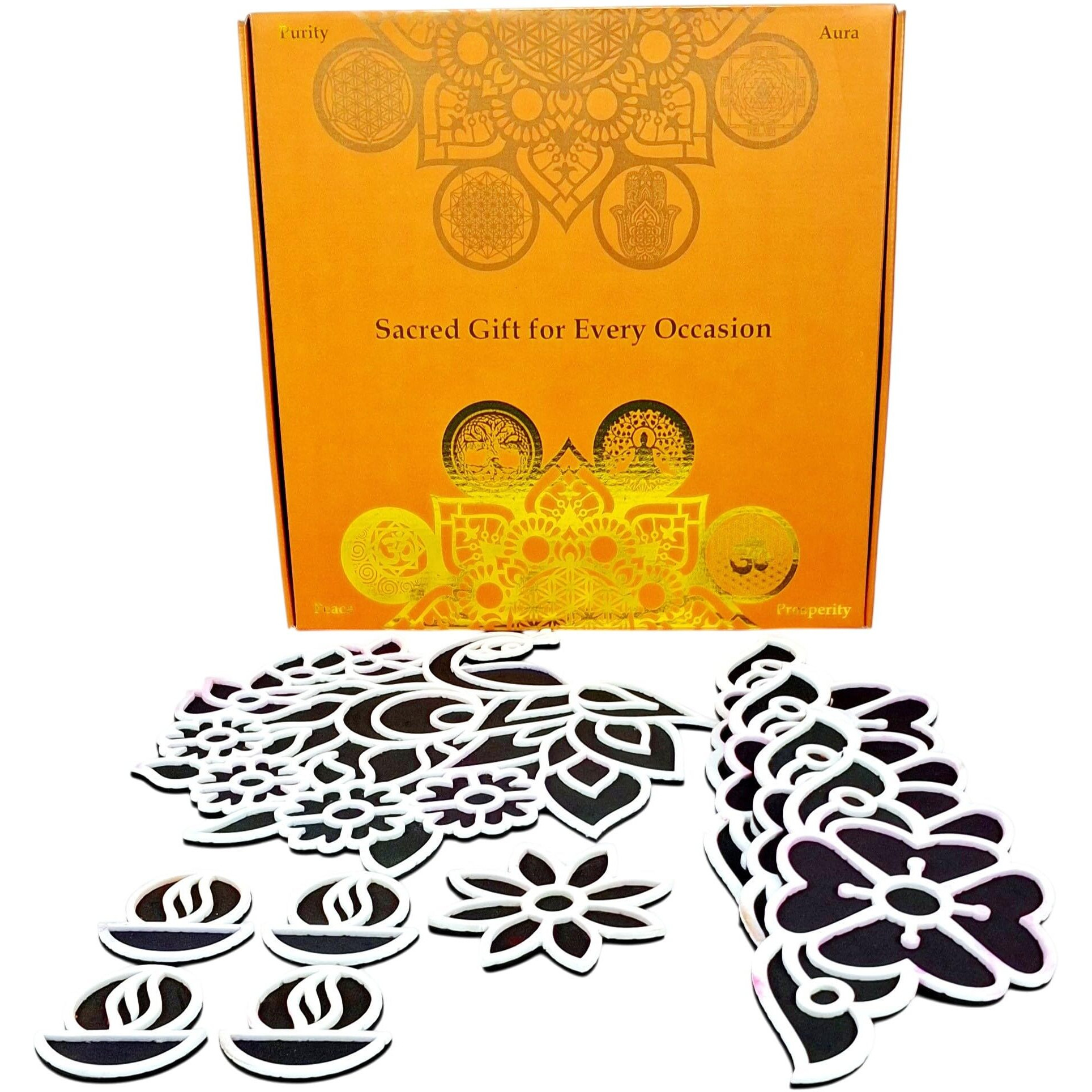 Stepstodo Floating Rangoli Mats Set Of 10 | Peacock 11, Borders 9, Diyas 2.5, Flower 4 | Washable Flexible Reusable Rangoli Dcor | Metallic Gift Box | Festival Decoration & Gifting