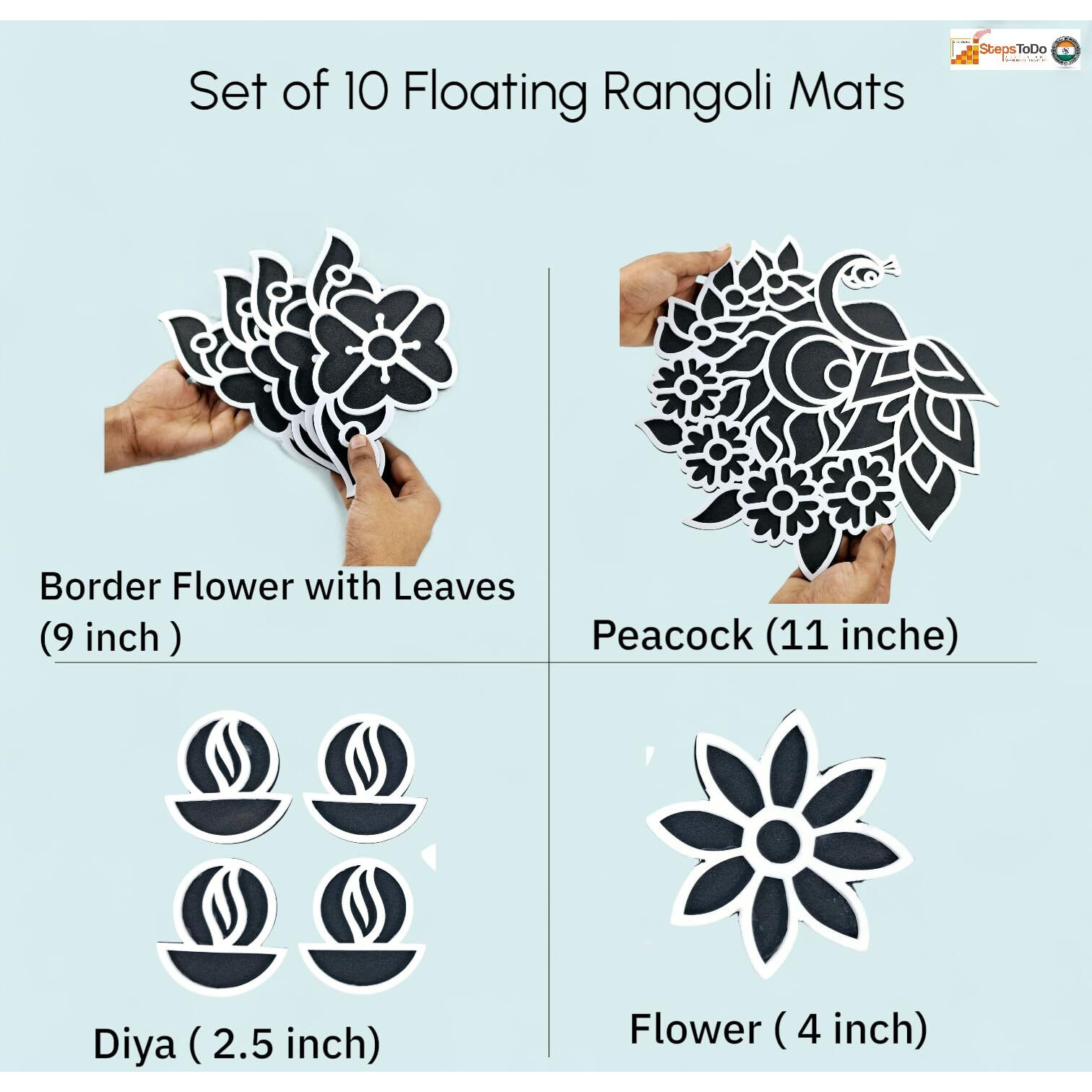 Stepstodo Floating Rangoli Mats Set Of 10 | Peacock 11, Borders 9, Diyas 2.5, Flower 4 | Washable Flexible Reusable Rangoli Dcor | Metallic Gift Box | Festival Decoration & Gifting