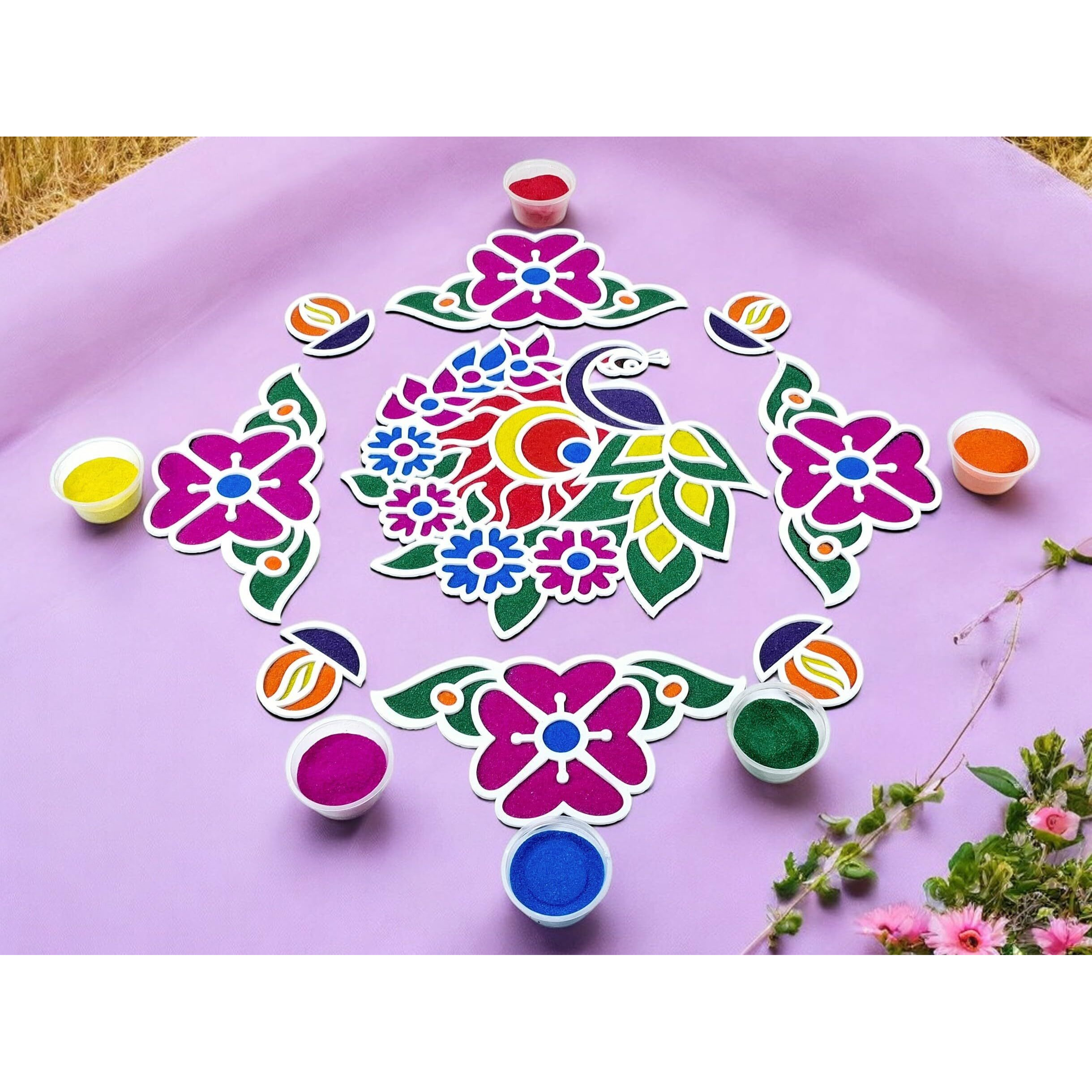 Stepstodo Floating Rangoli Mats Set Of 10 | Peacock 11, Borders 9, Diyas 2.5, Flower 4 | Washable Flexible Reusable Rangoli Dcor | Metallic Gift Box | Festival Decoration & Gifting