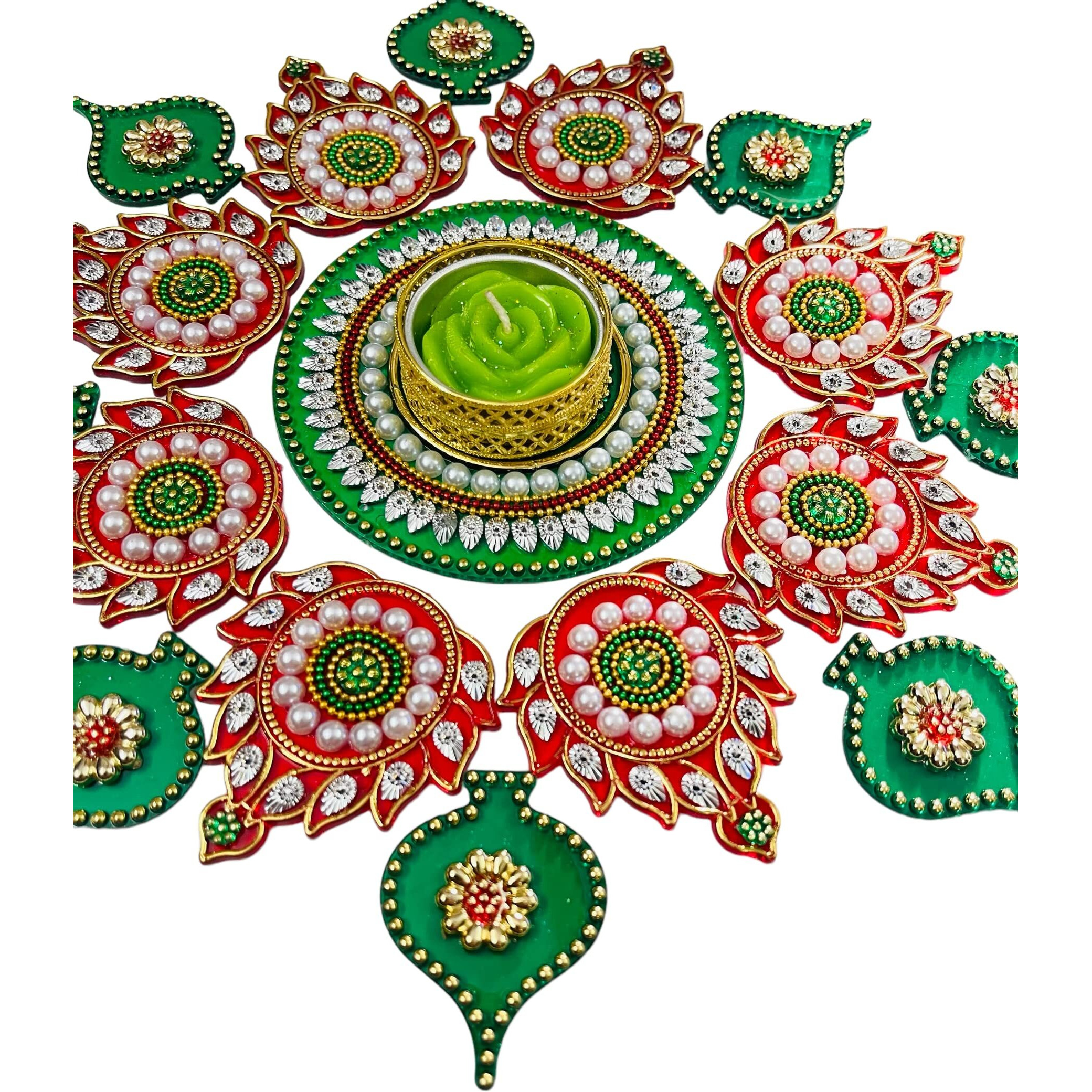 Sahaya Reusable Rangoli For Decoration Acrylic With T Light Holder Small Home Festival Decoration (Red, 17)