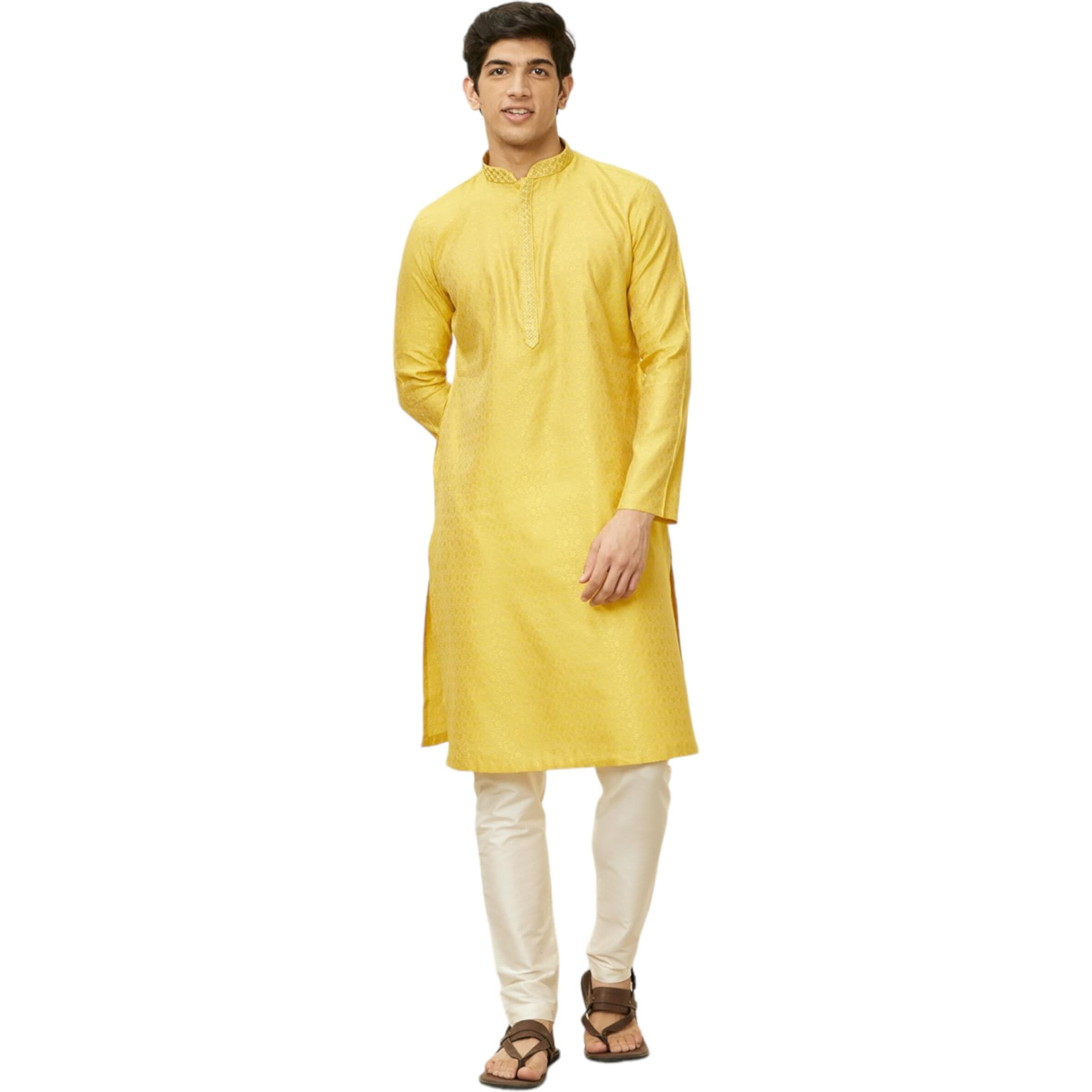 Manyavar Mens Mustard Blended Viscose Self Design Kurta Pyjama Set (M)