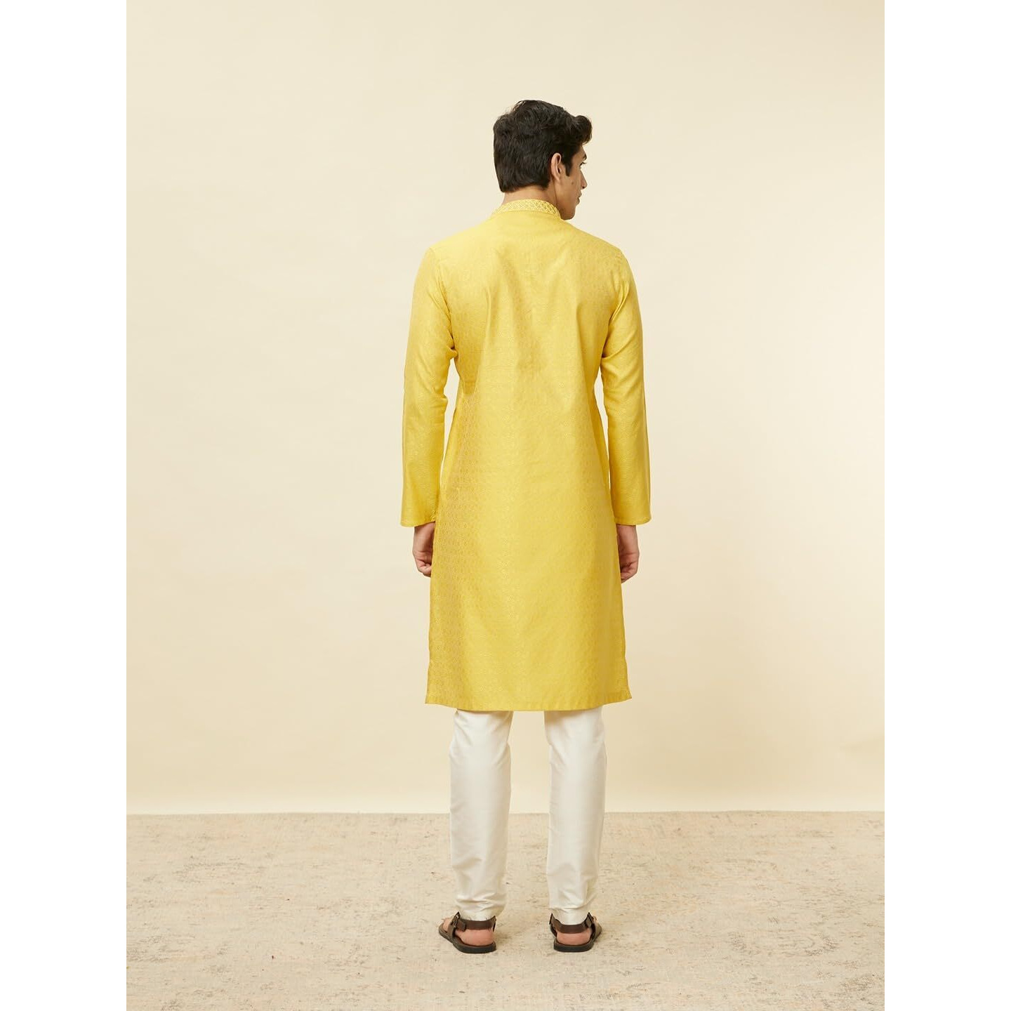 Manyavar Mens Mustard Blended Viscose Self Design Kurta Pyjama Set (M)