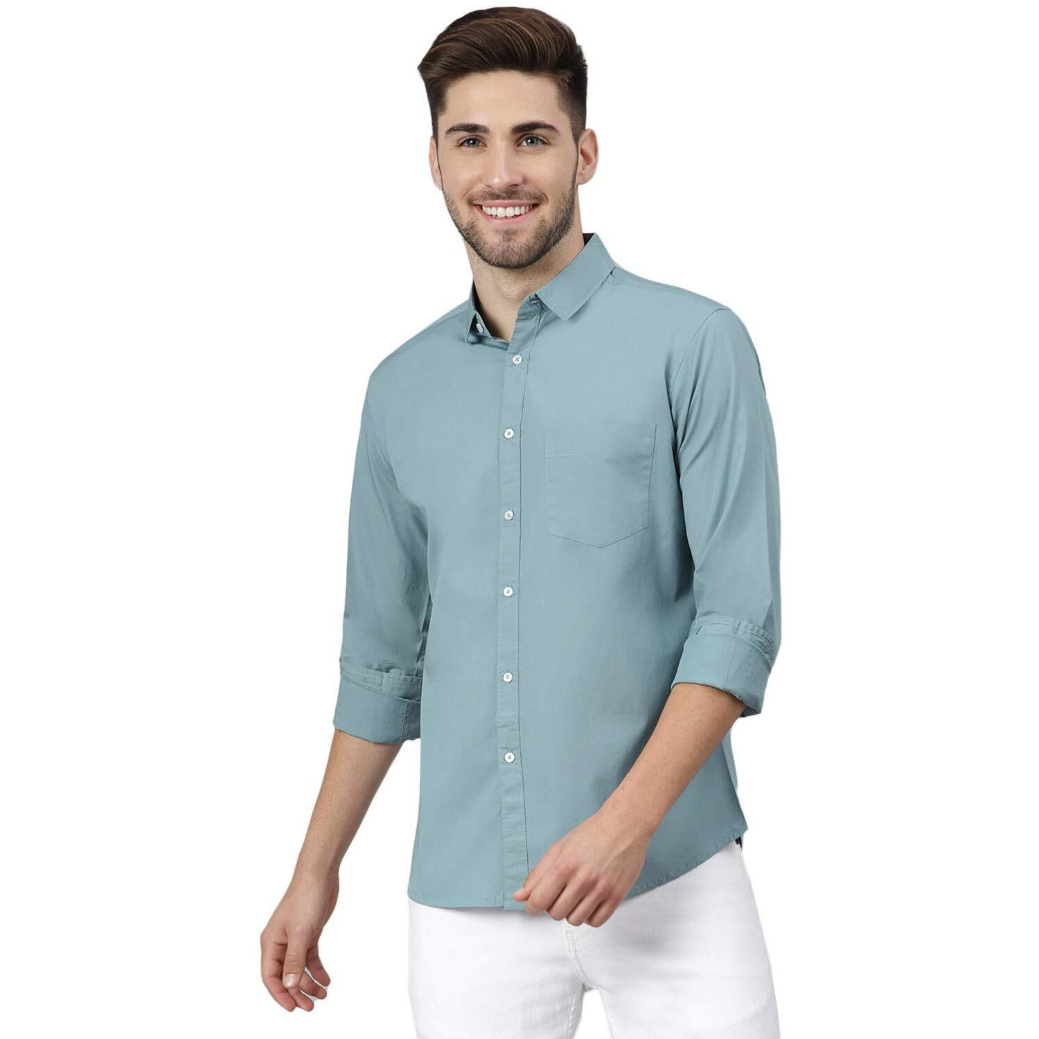 Dennis Lingo Men S Solid Dusty Teal Slim Fit Casual Shirt (C301_D-Teal_M)