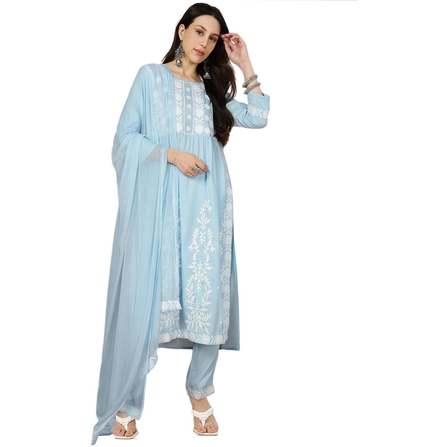 Kaari Rayon Embroiderery A-Line 7525 Women's Kurtas & Kurtis (Kaaaw24Wskd-70018_Aasman Blue