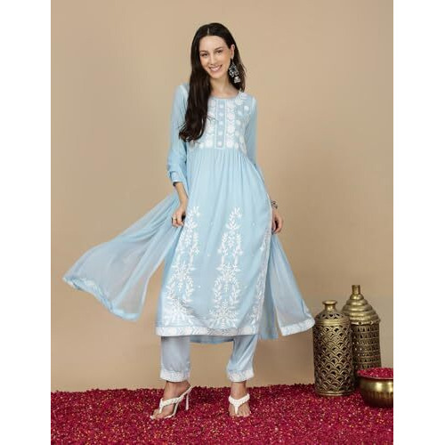 Kaari Rayon Embroiderery A-Line 7525 Women's Kurtas & Kurtis (Kaaaw24Wskd-70018_Aasman Blue
