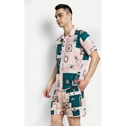 Dhruvi Trendz Mens Rayon Co-Ord Pyjama Set Regular Fit Relaxed Night Dress (Dt-Ms-6065&Sh-169_Teal_Medium)