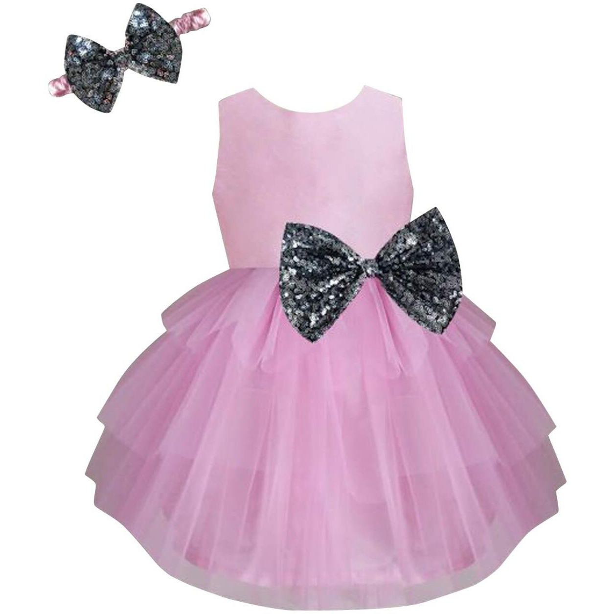 A.T.U.N Baby Girl's Fit And Flare Dress (Gdrs Kyh Sps_6-12_Pink, Silver_6-12 Months)