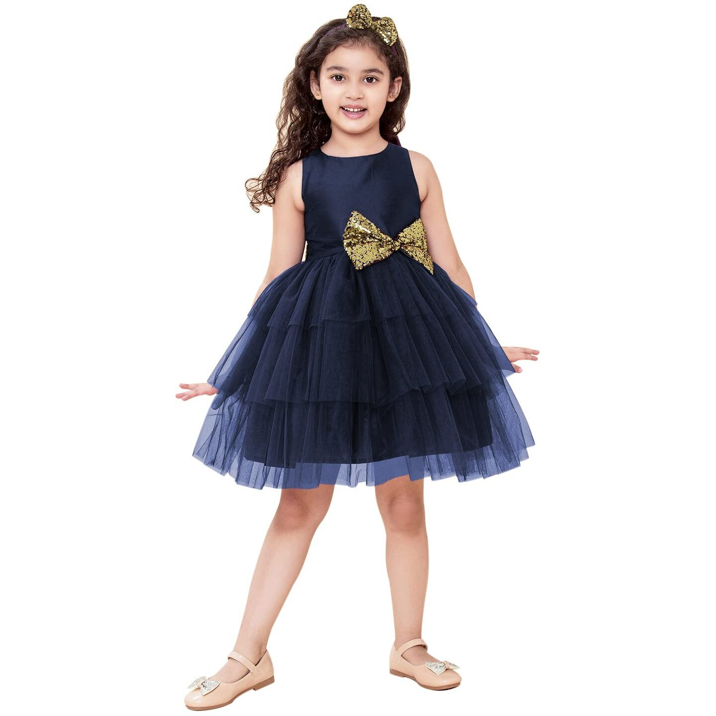 A.T.U.N Baby Girl's Fit And Flare Dress (Gdrs Kyh Nvg_1-2_Navy Blue, Gold_12 - 24 Months)