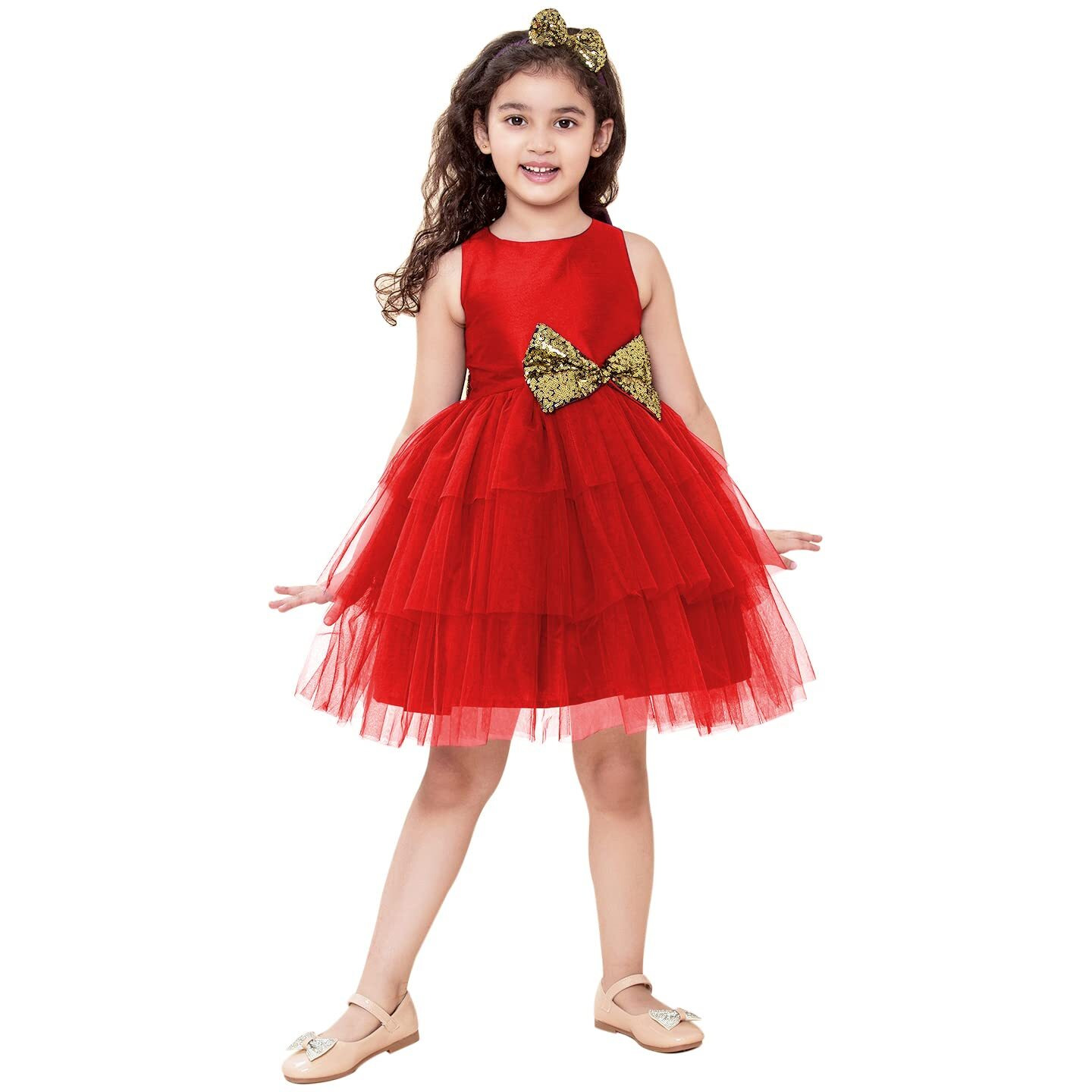 A.T.U.N Baby Girl's Fit And Flare Dress (Gdrs Kyh Rdg_1-2_Red, Gold_12 - 24 Months)