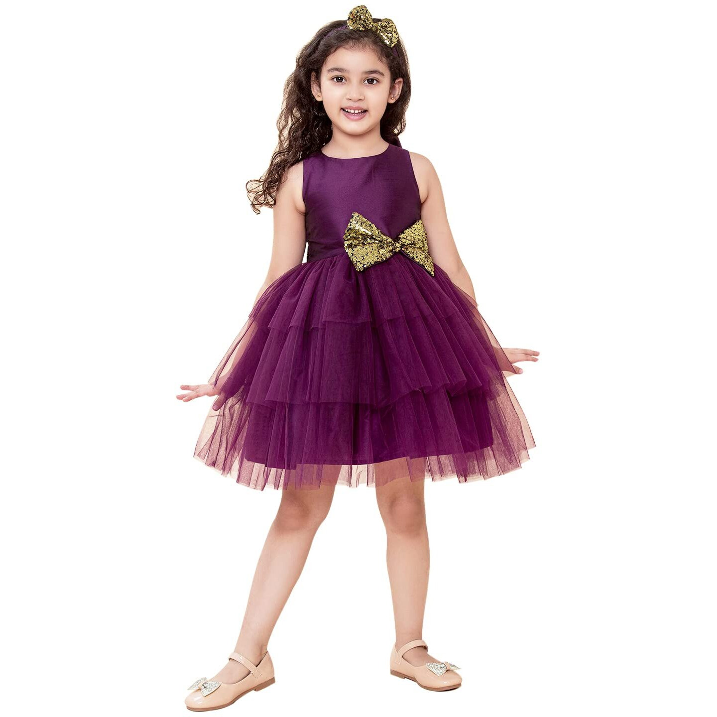 A.T.U.N Baby Girl's Fit And Flare Dress (Gdrs Kyh Wig_0-3_Wine, Gold_0 - 3 Months)