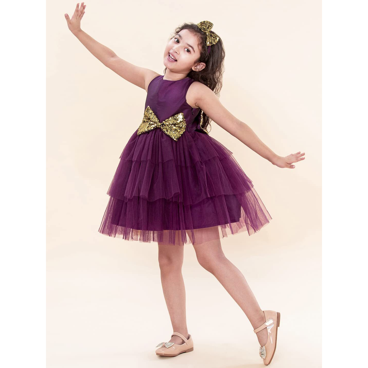 A.T.U.N Baby Girl's Fit And Flare Dress (Gdrs Kyh Wig_0-3_Wine, Gold_0 - 3 Months)