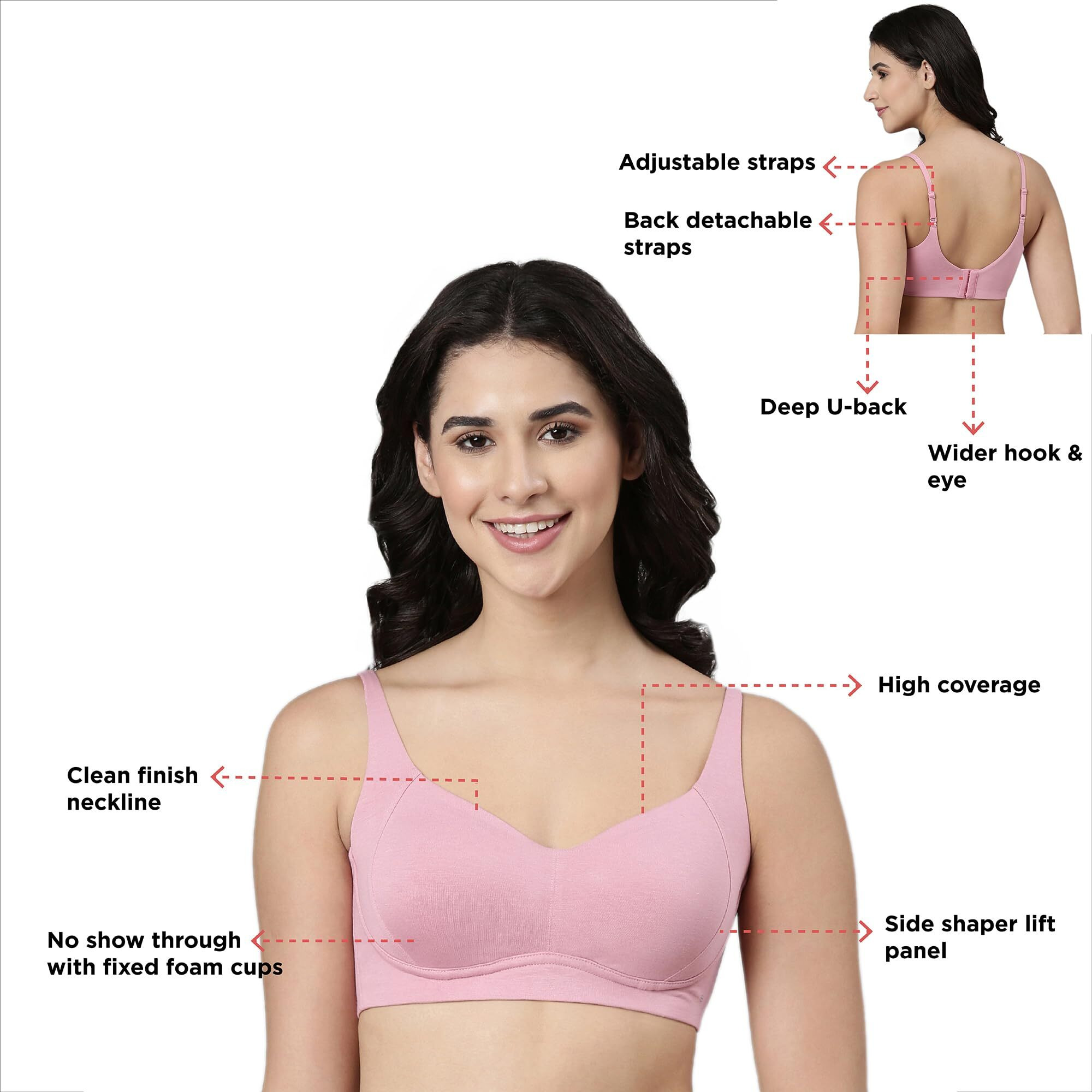 Enamor Women's 67Percentbamboo 27Percentcotton 6Percentmobilion Wire Free Casual T-Shirt Bra (A077_Rose Blush_34C)