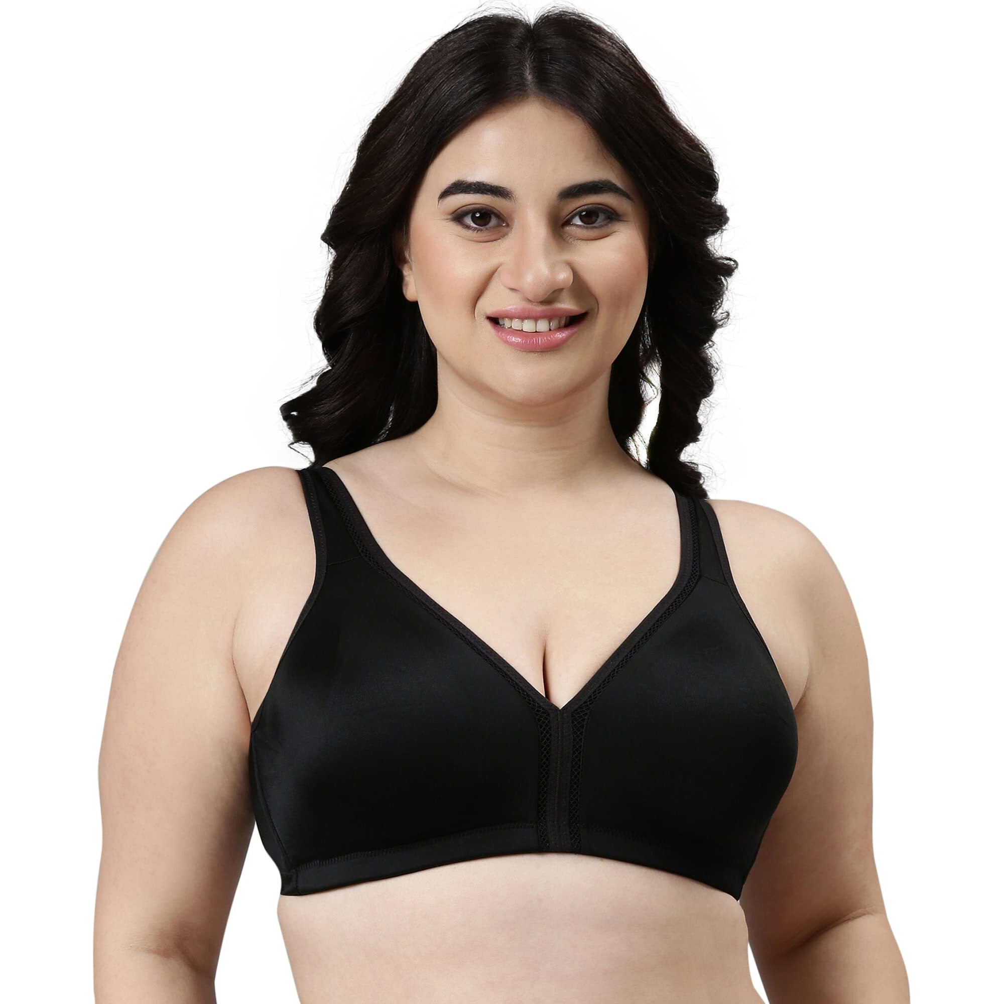 Enamor F024 Plush Comfort Full Support Bra - Non-Padded Wirefree High Coverage - Black