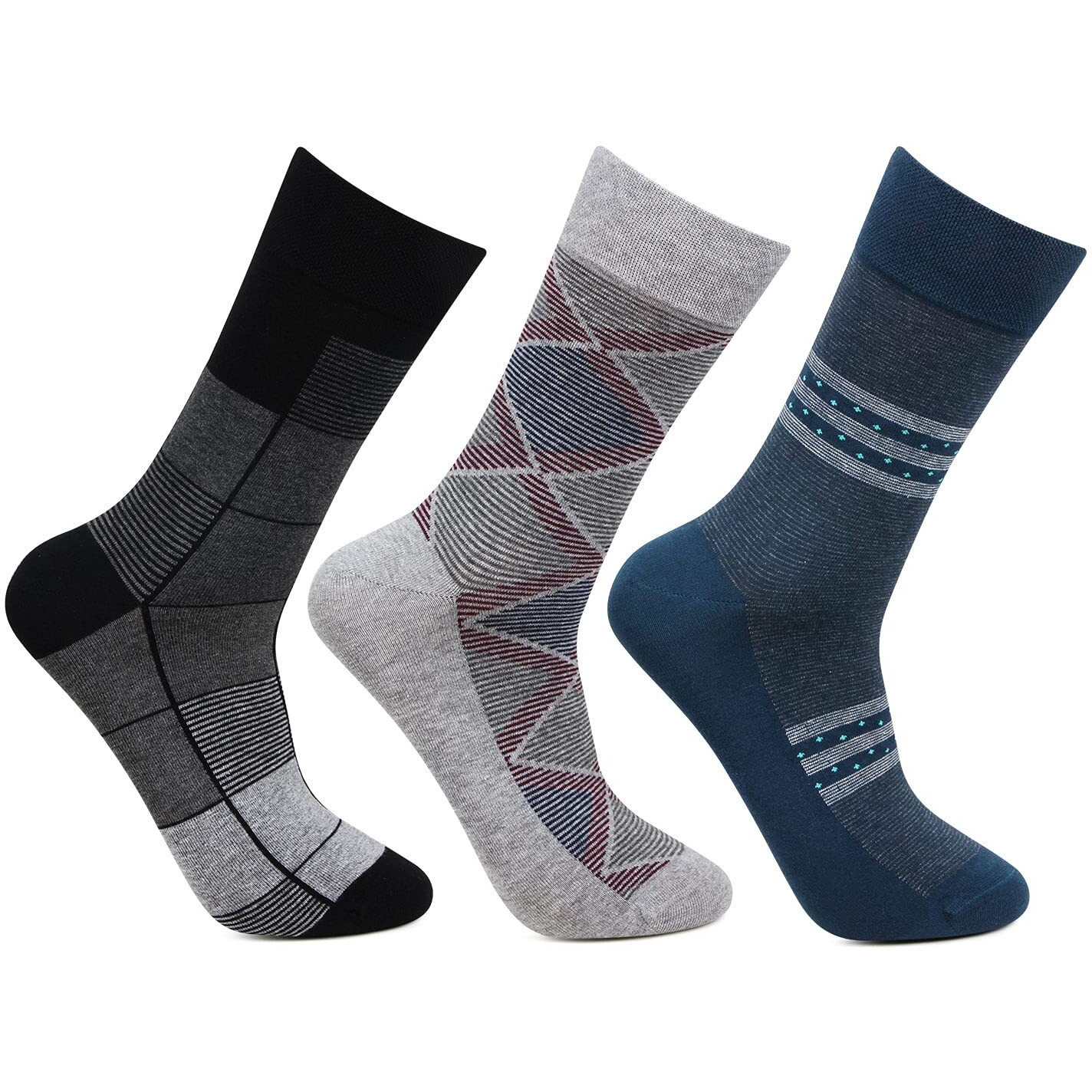 Bonjour Cotton Designer Office/Business/Formal Modern Crew Socks For Men - Pack Of 3, Multicolor