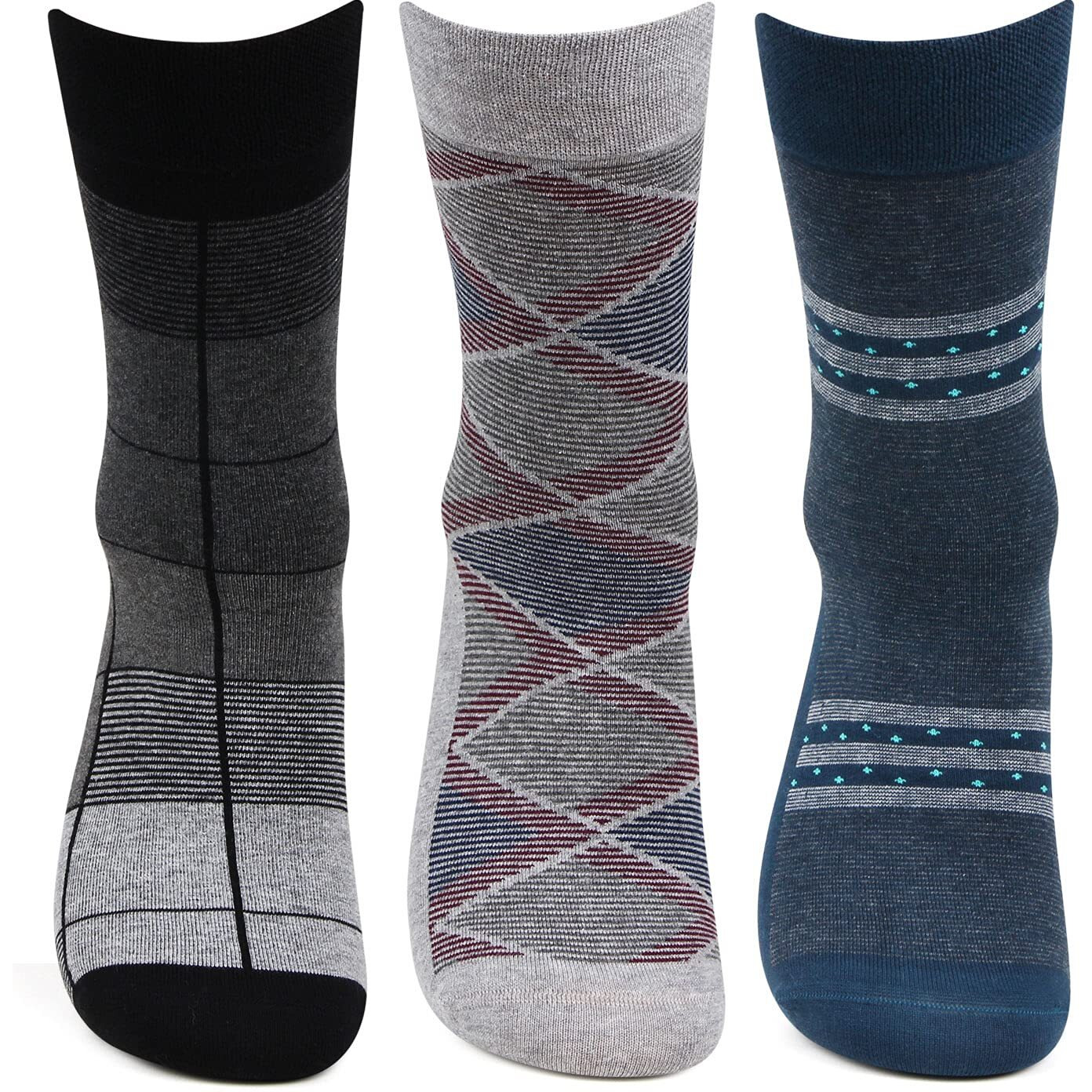 Bonjour Cotton Designer Office/Business/Formal Modern Crew Socks For Men - Pack Of 3, Multicolor
