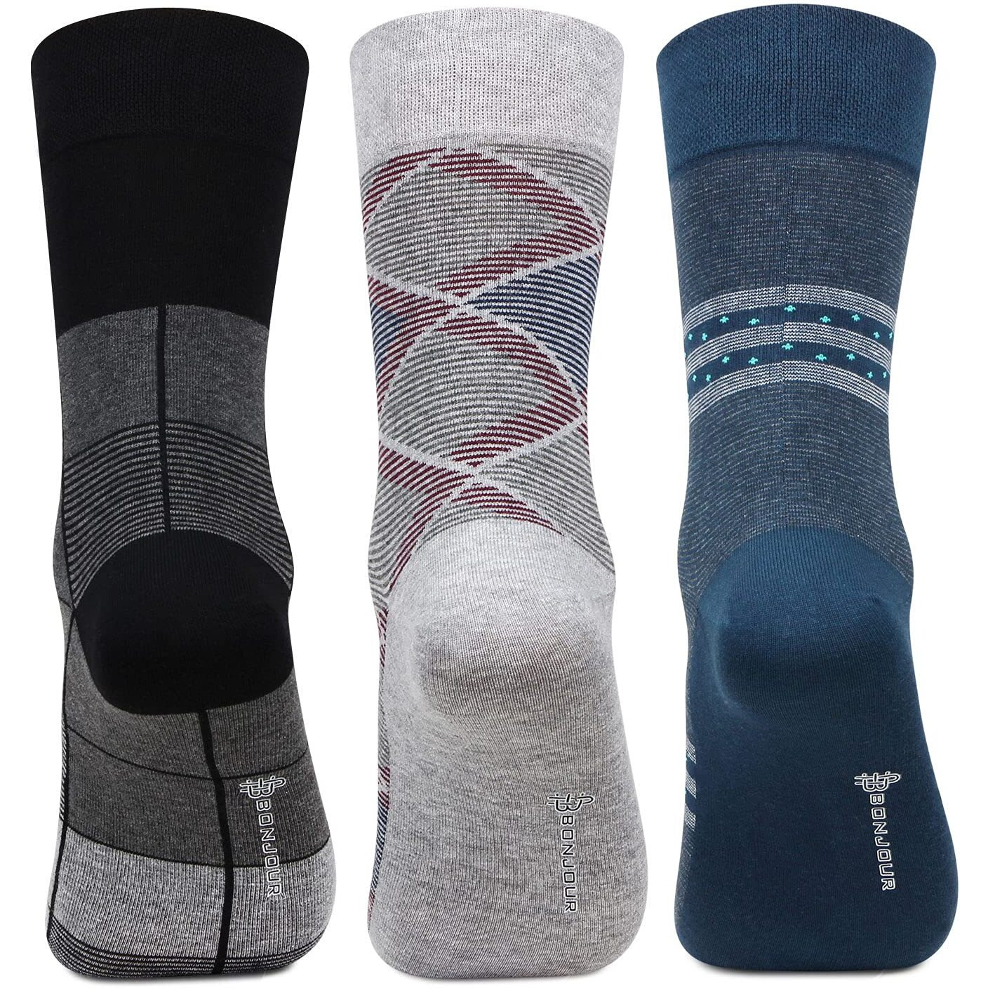 Bonjour Cotton Designer Office/Business/Formal Modern Crew Socks For Men - Pack Of 3, Multicolor