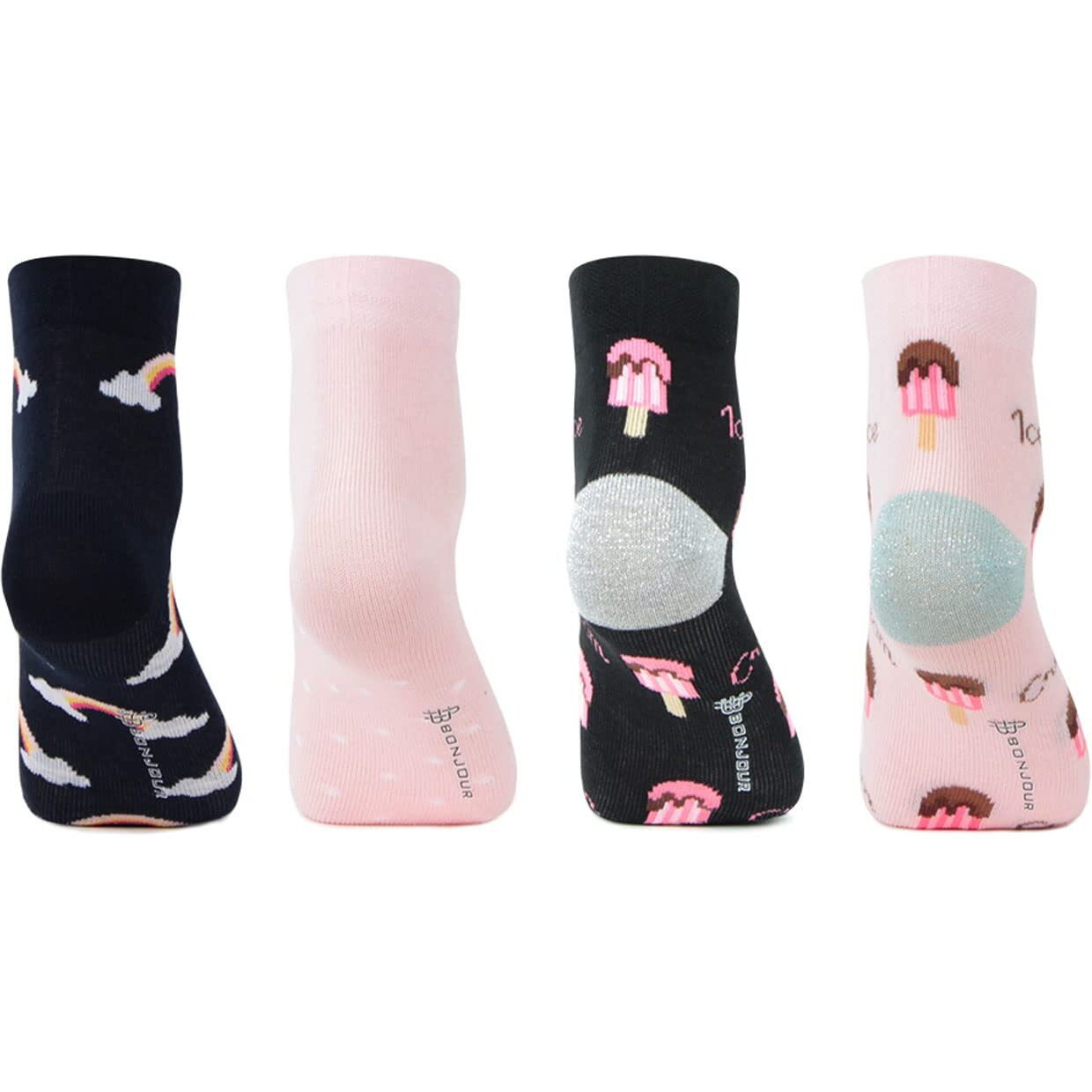 Bonjour Designer/Funky/Casual Ankle Length Socks For Kids-Girls- Pack Of 4 6 Years-8 Years
