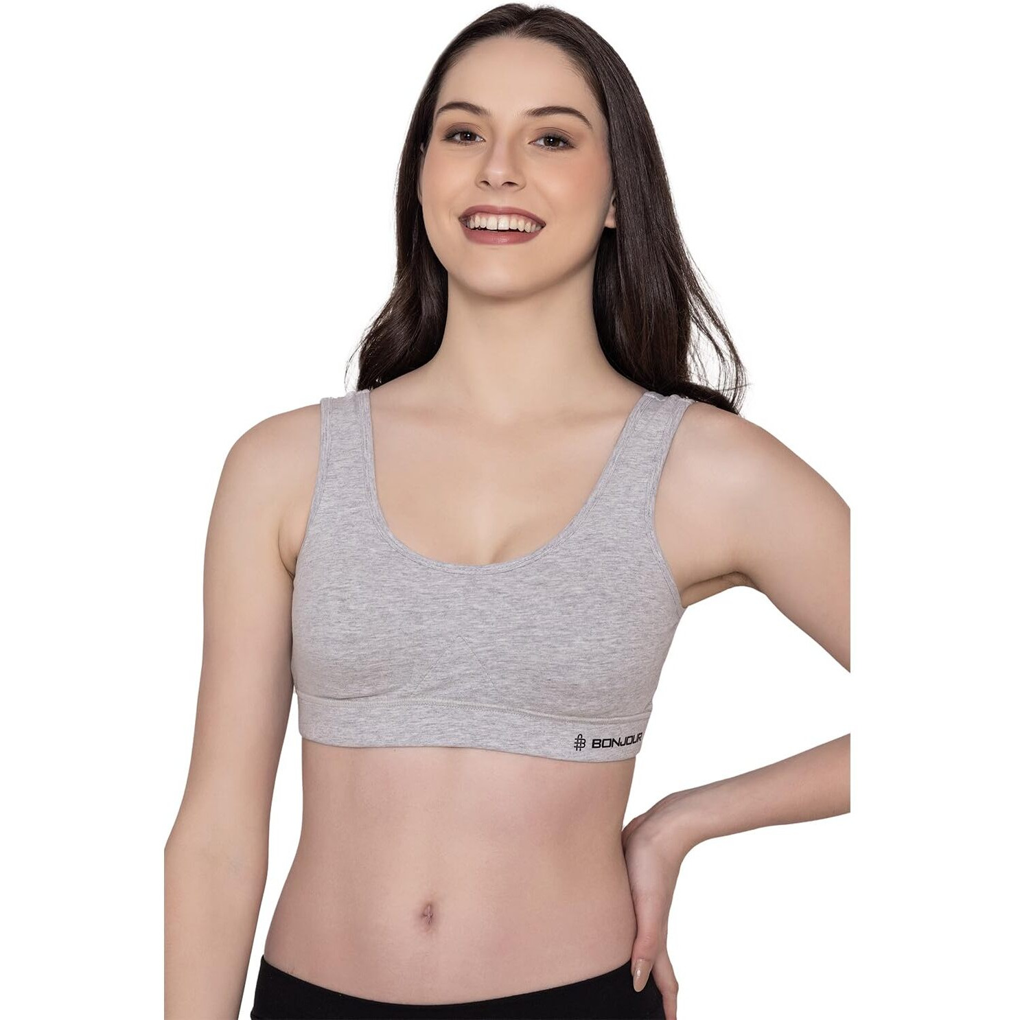 Bonjour Women's Cotton Wire Free Modern Full-Coverage Sports Bra (Bj10501-L-Grey Mel_Grey