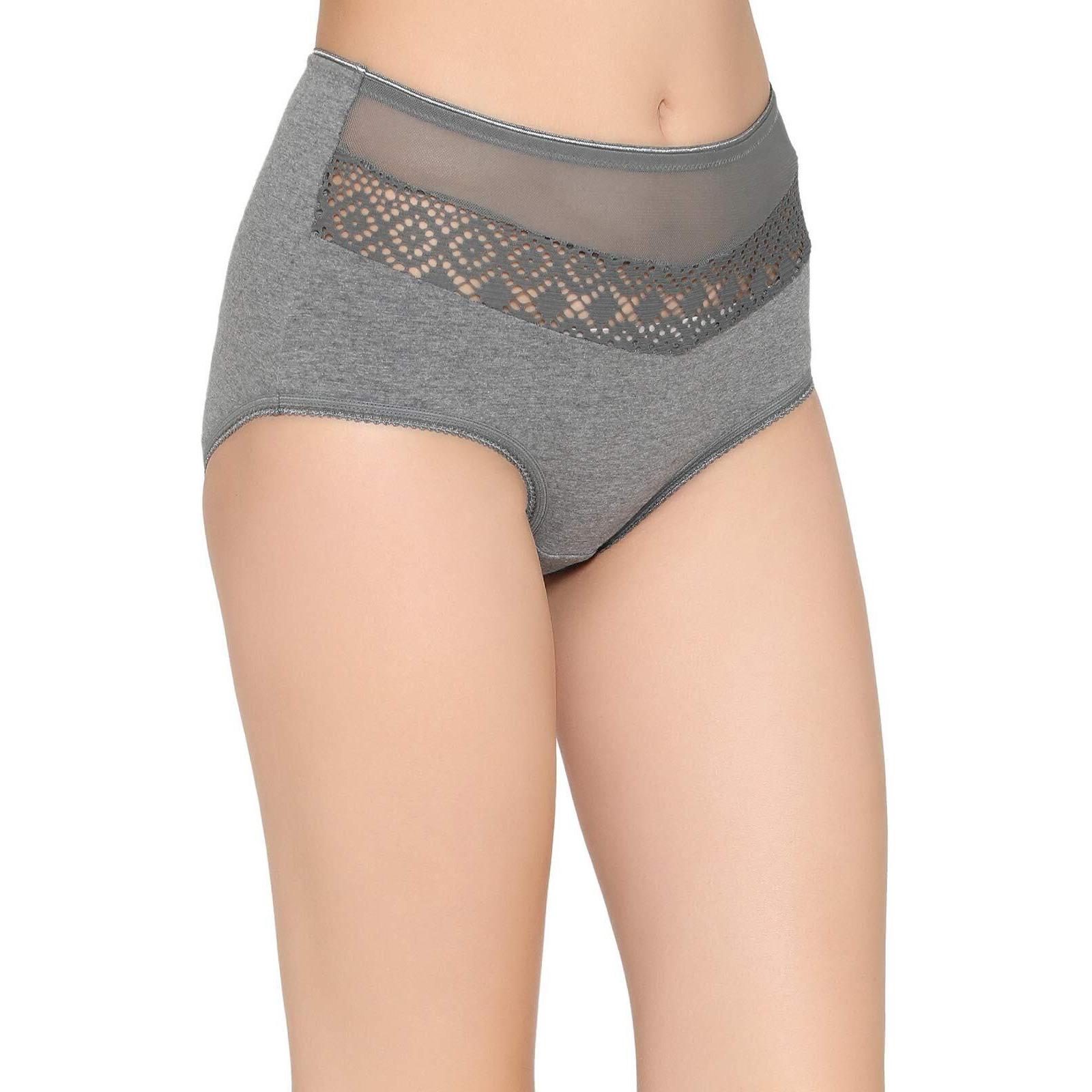 Clovia Cotton High Waist Hipster Panty With Lace Panel (Pn2707P05_Grey_L)