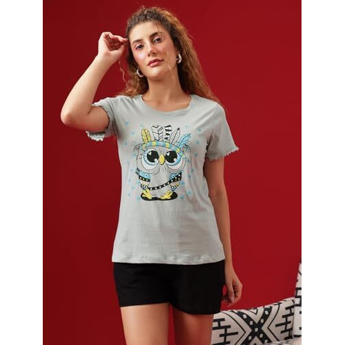 Clovia Cotton Night Suits For Women, Night Dresses For Women, Shorts Set For Women, Women Night Suit Set, Night Wear, Lounge Wear Set For Women - Top & Shorts Set (Grey - Steampunk, 3Xl), Printed