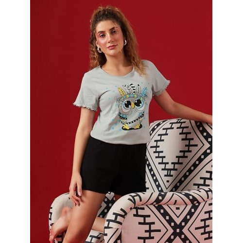 Clovia Cotton Night Suits For Women, Night Dresses For Women, Shorts Set For Women, Women Night Suit Set, Night Wear, Lounge Wear Set For Women - Top & Shorts Set (Grey - Steampunk, 3Xl), Printed