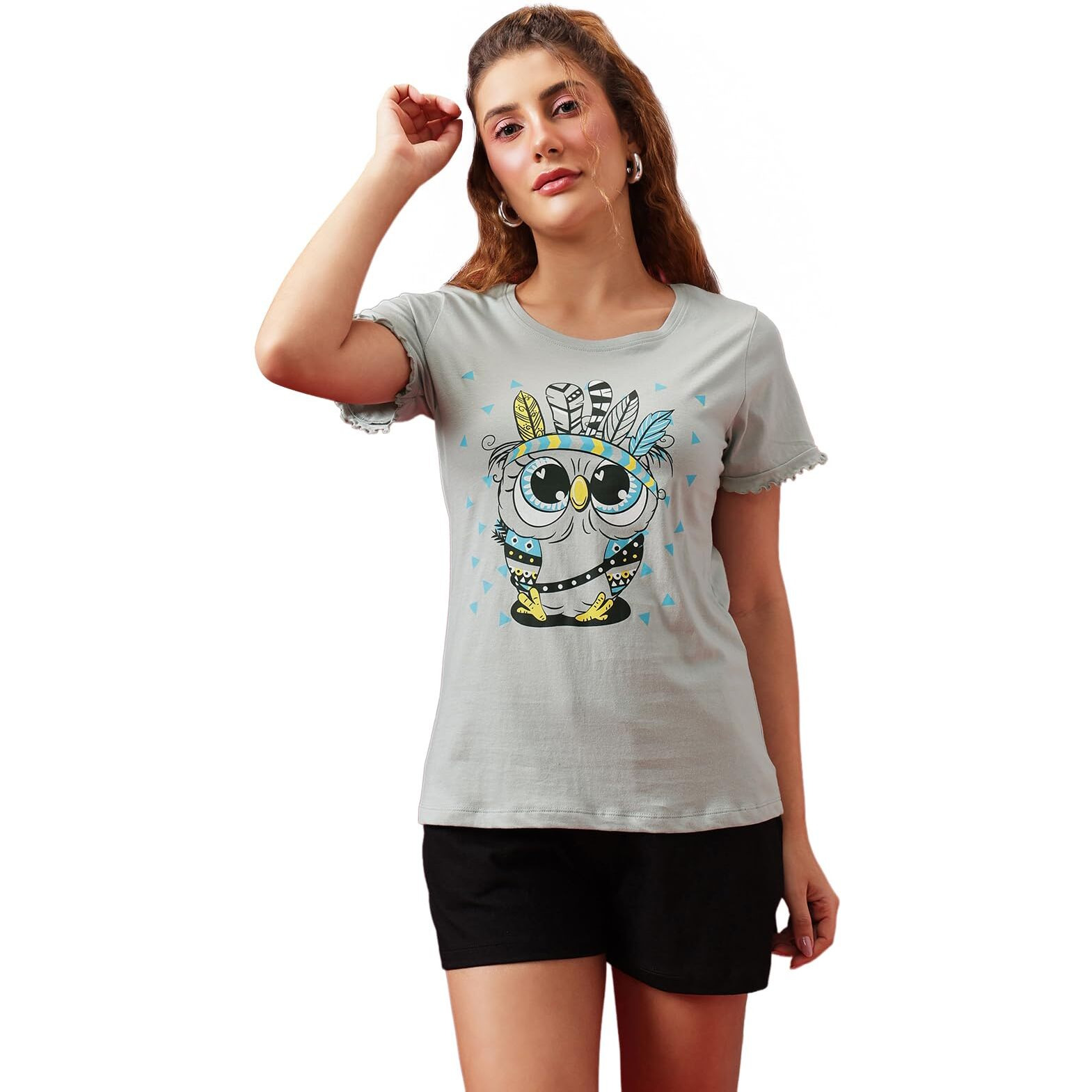 Clovia Cotton Printed Night Suits Pajama Set For Women, Night Dresses For Women, Shorts Set For Women, Night Wear For Women, Lounge Wear Set For Women - Top & Shorts Set (Grey - Steampunk, 2Xl)