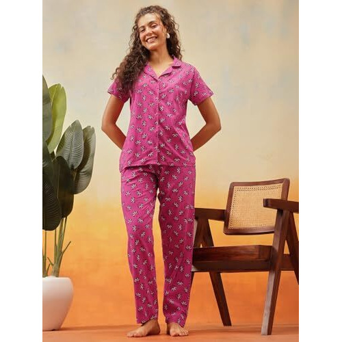 Clovia Women's Cotton Printed Button Down T-Shirt & Pyjama Set (Ls0025P15_Purple_Xxl)